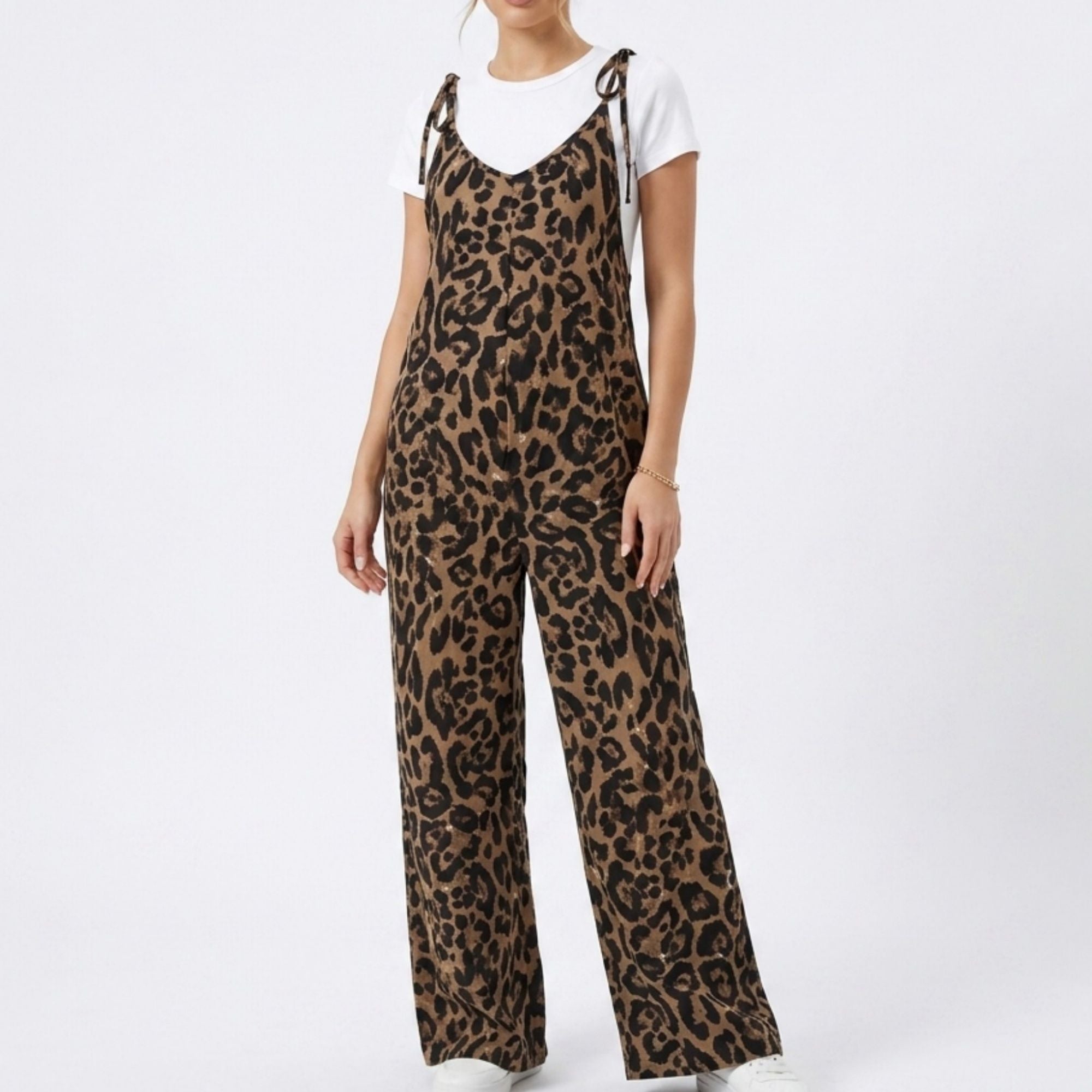 Anna-Kaci Women's Maternity Leopard Print Wide Leg Jumpsuit with Tie Shoulder Straps and Layered Tee Look