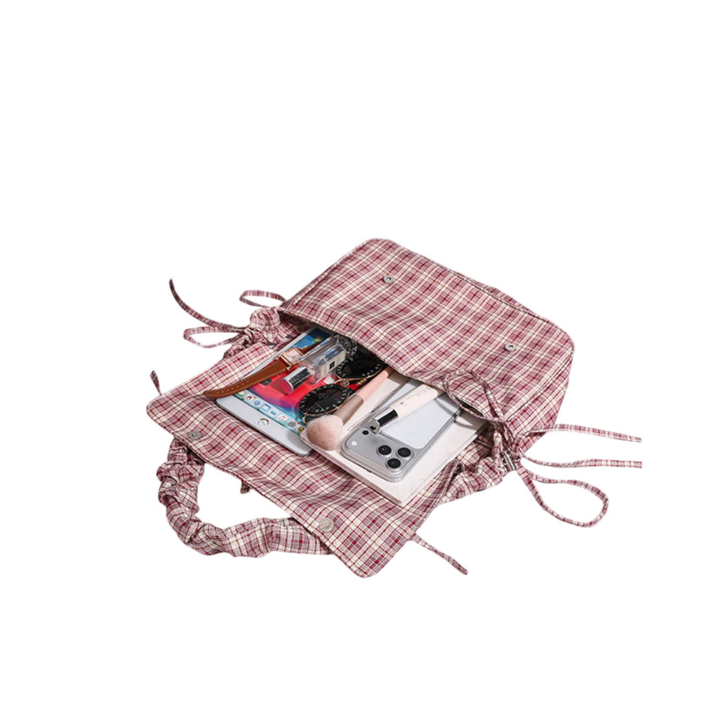 Plaid Shoulder Bag with Ruched Strap and Bow Detail