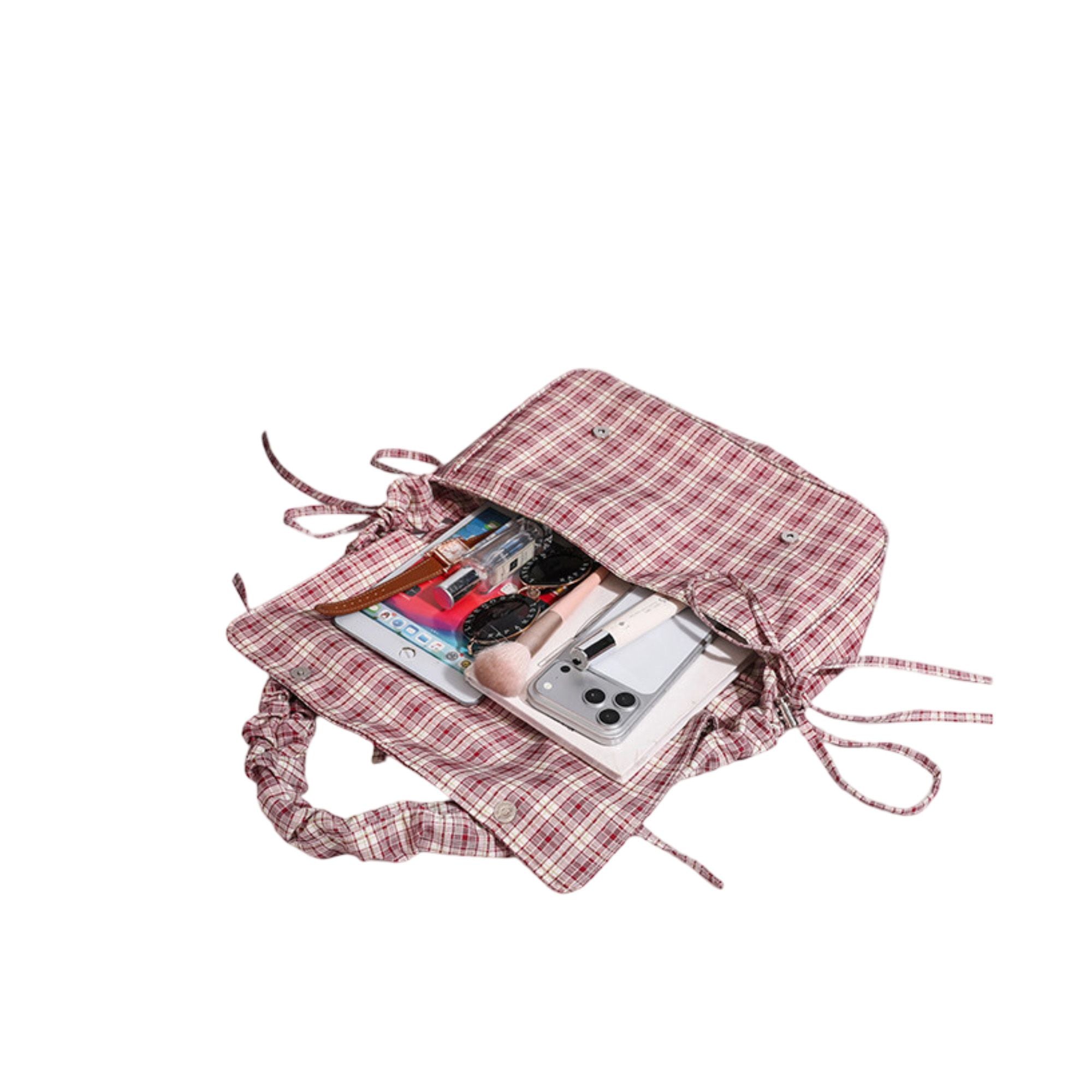 Plaid Shoulder Bag with Ruched Strap and Bow Detail