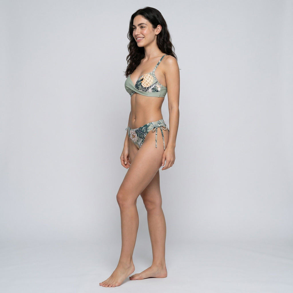 2-Piece Tropical Print Bikini Swimsuit with Wrap Front Bralette Top Side Tie Bottoms and Smooth Stretch Fit