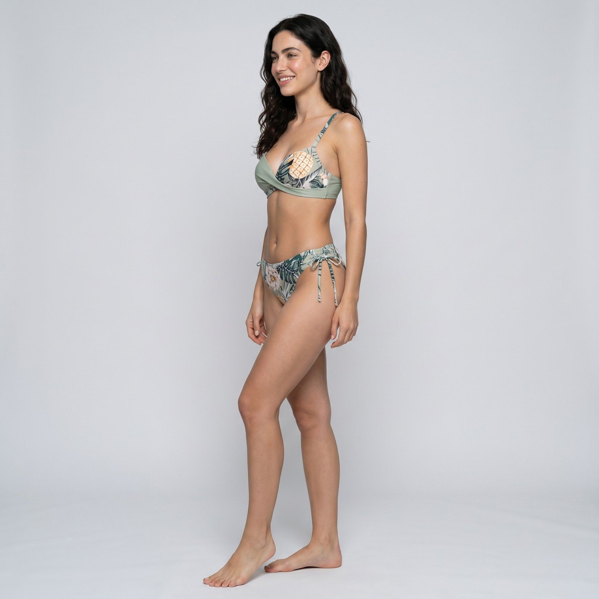 2-Piece Tropical Print Bikini Swimsuit with Wrap Front Bralette Top Side Tie Bottoms and Smooth Stretch Fit