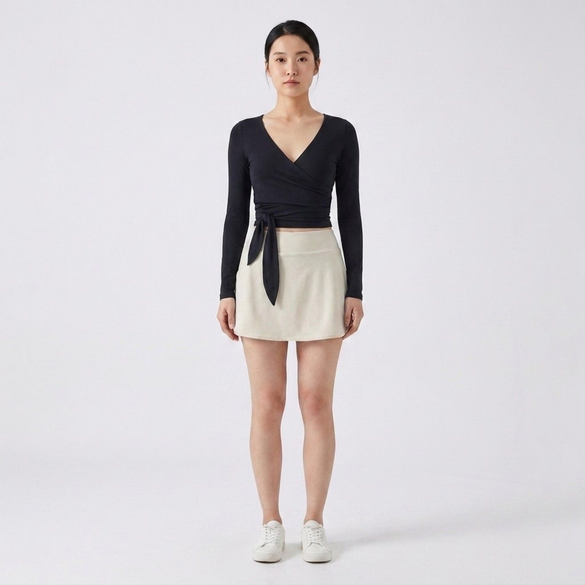 Anna-Kaci Active Womens Long Sleeve Wrap Crop Top with V Neckline Side Tie Waist Smooth Stretch Knit and Fitted Silhouette