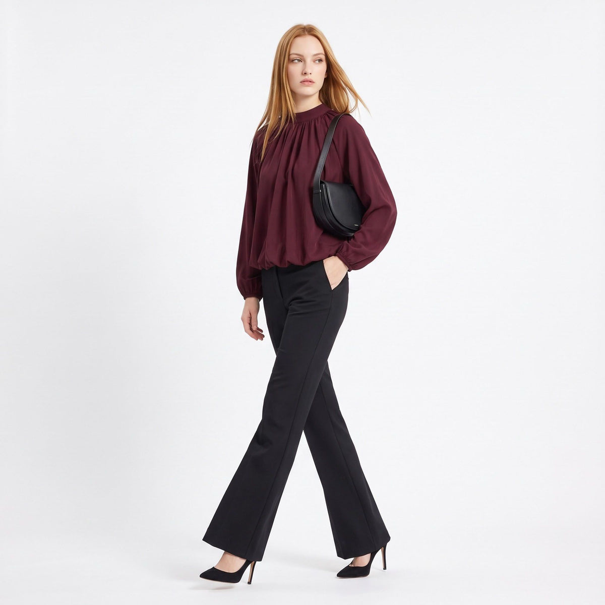 Mock Neck Blouson Long Sleeve Dressy Pullover Blouse