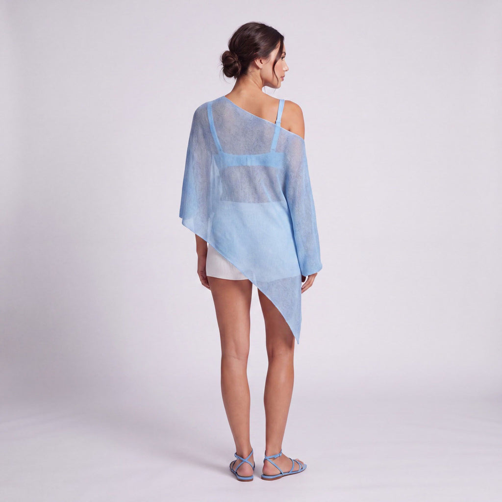 Sheer Open Knit Asymmetrical Poncho Top with One Shoulder Neckline, Draped Sleeve and Pointed Hem