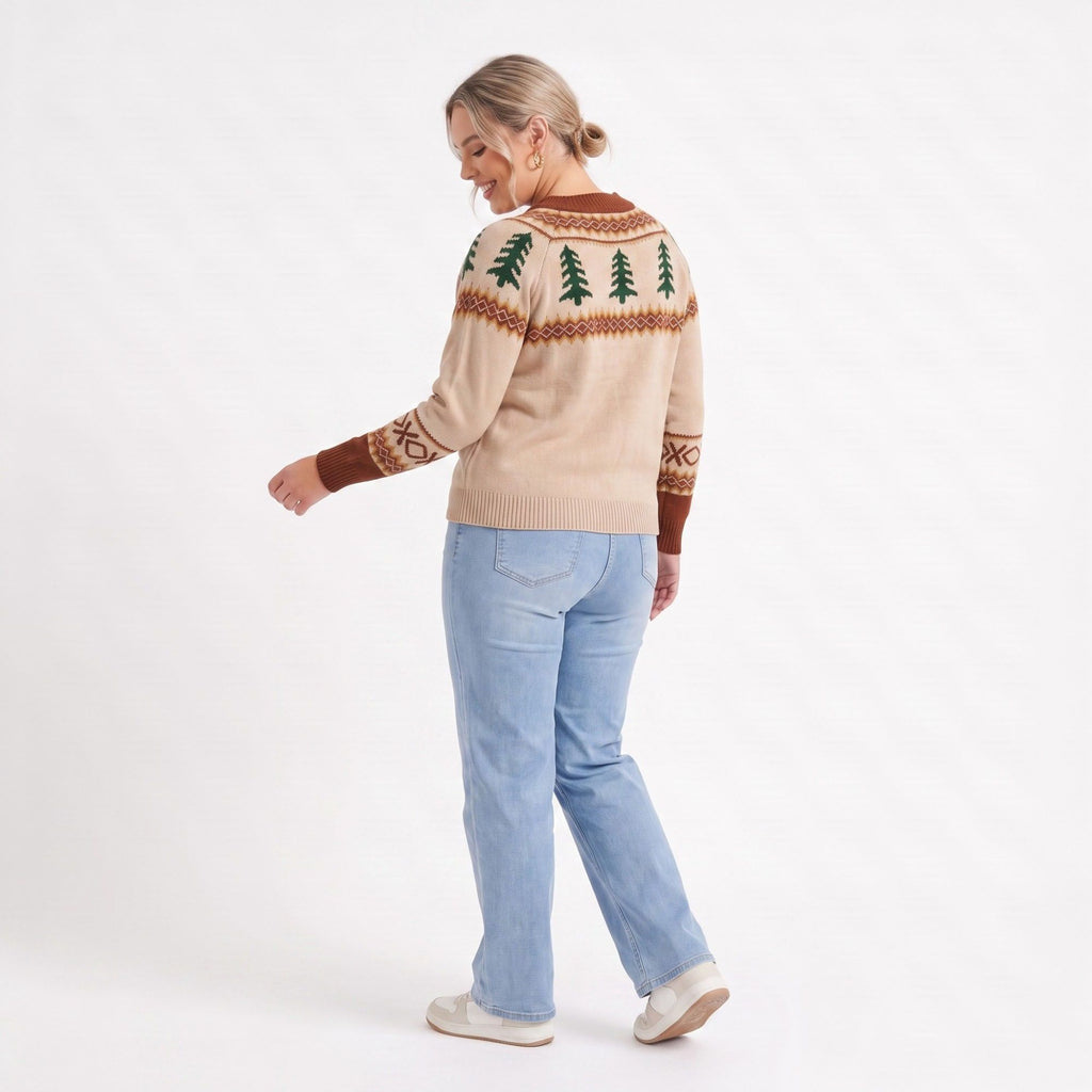 Plus Size Fair Isle Tree Print Crewneck Sweater
