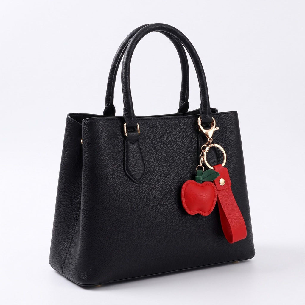 Apple Bag Charm with Faux Leather Strap and Gold Tone Hardware