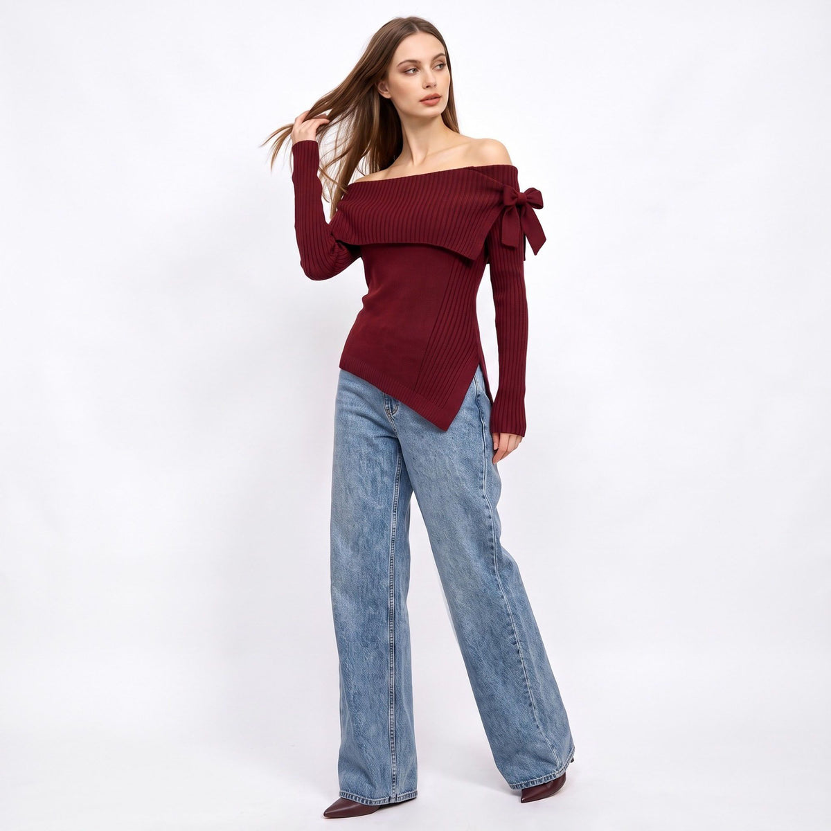 Off Shoulder Bow Asymmetrical Knit Sweater