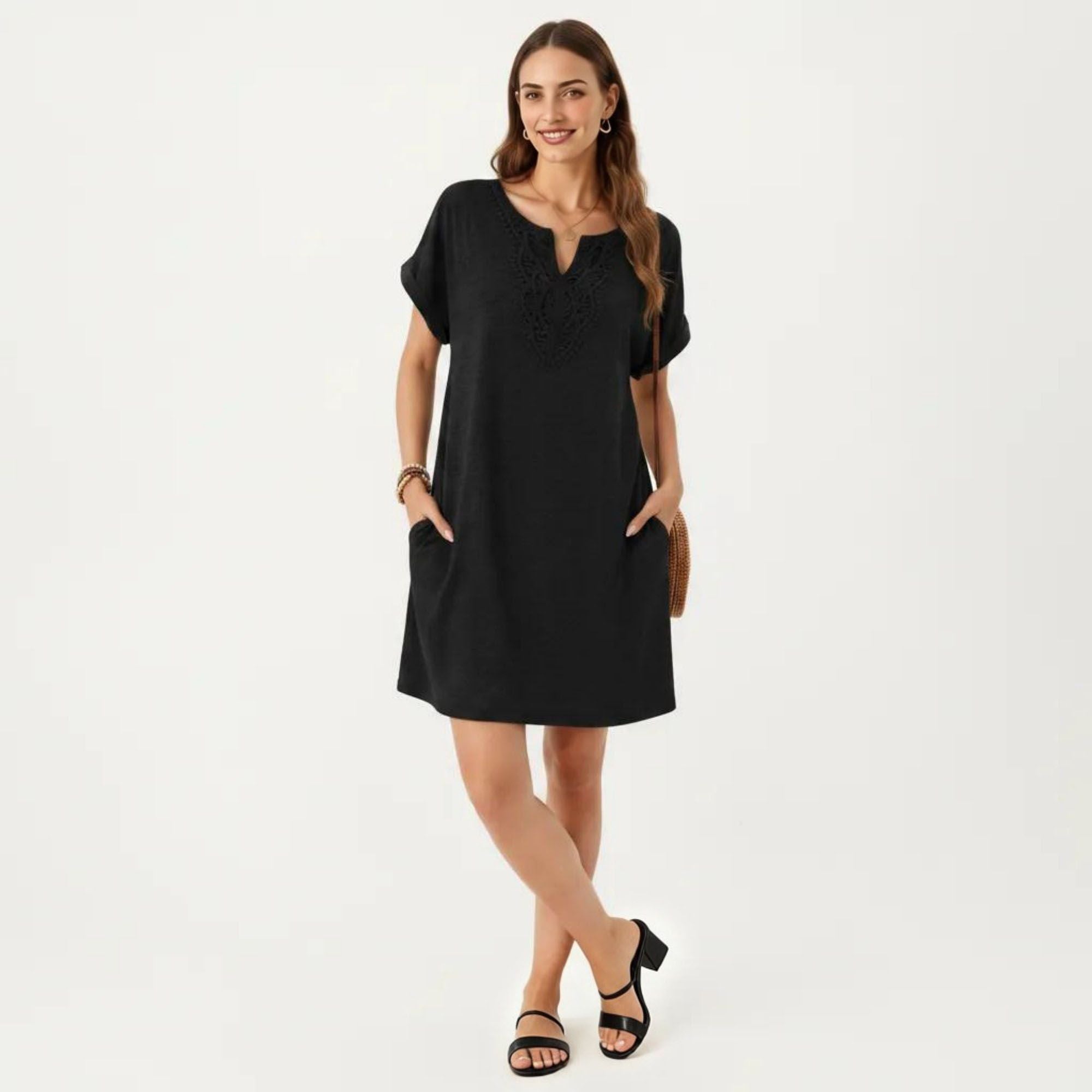 Anna-Kaci Women's Short Sleeve Shift Dress with Split V Neck Embroidered Detail Relaxed Fit Casual Tunic Dress