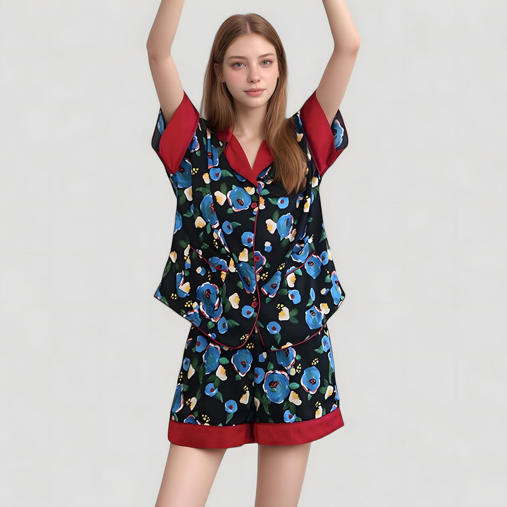 Anna-Kaci Lounge Women's Floral Print Pajama Set with Contrast Trim and Short Sleeve Button-Up Top