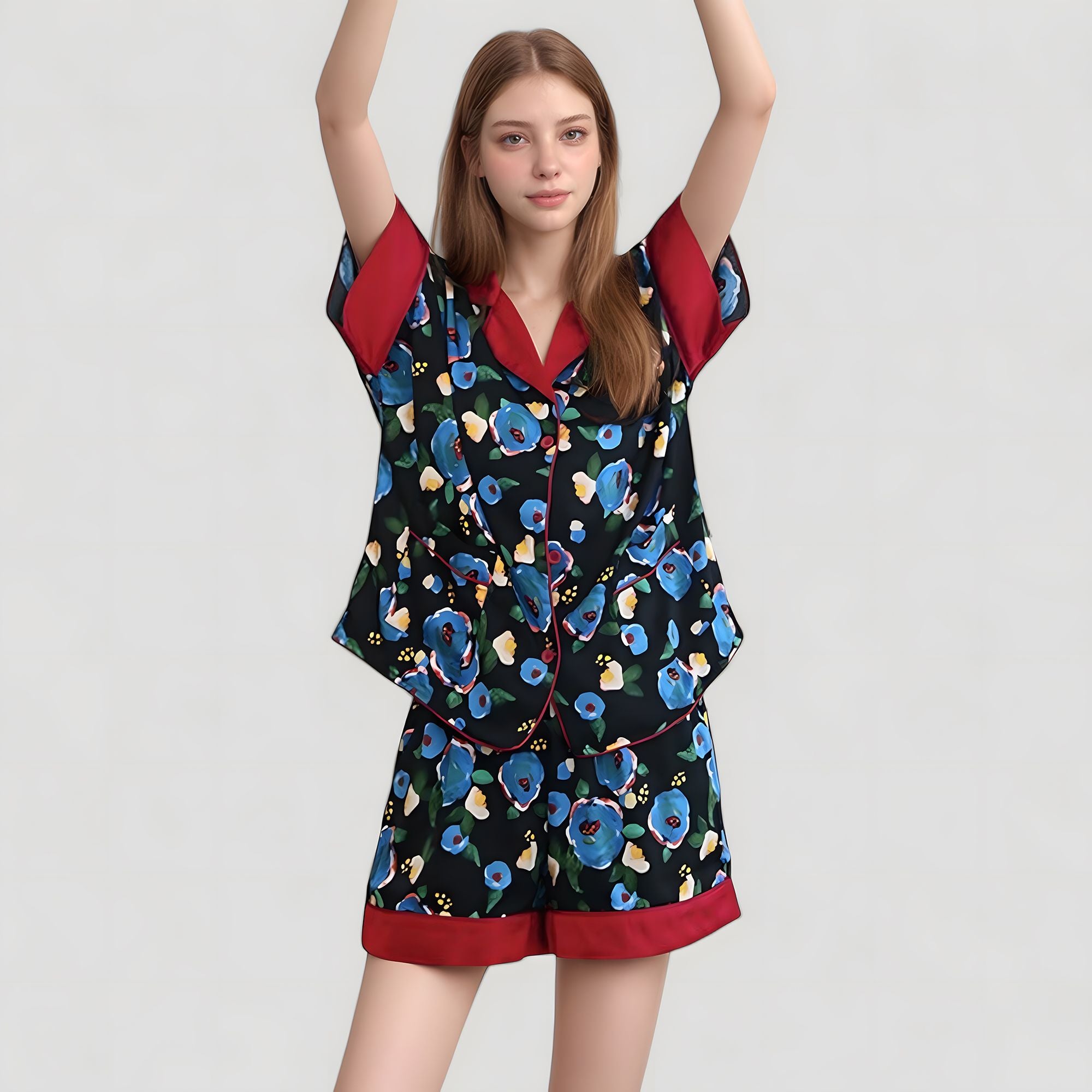 Anna-Kaci Lounge Women's Floral Print Pajama Set with Contrast Trim and Short Sleeve Button-Up Top