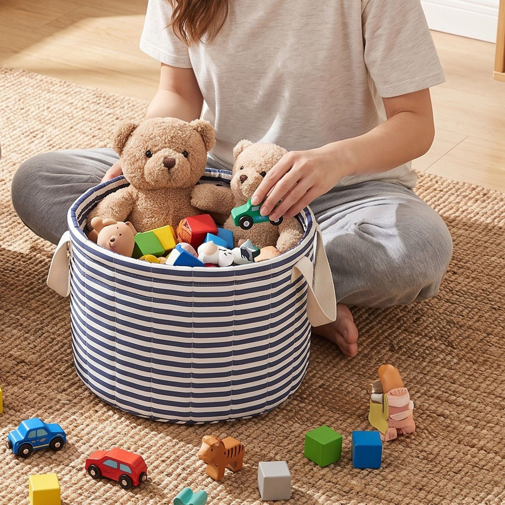 Quilted Striped Fabric Storage Basket with Carry Handles