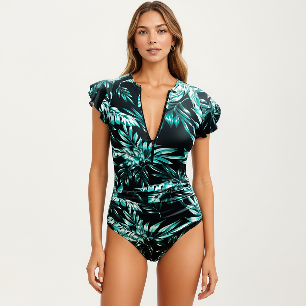Anna-Kaci Women's One Piece Swimsuit with Flutter Sleeves and Half Zip V Neck Design