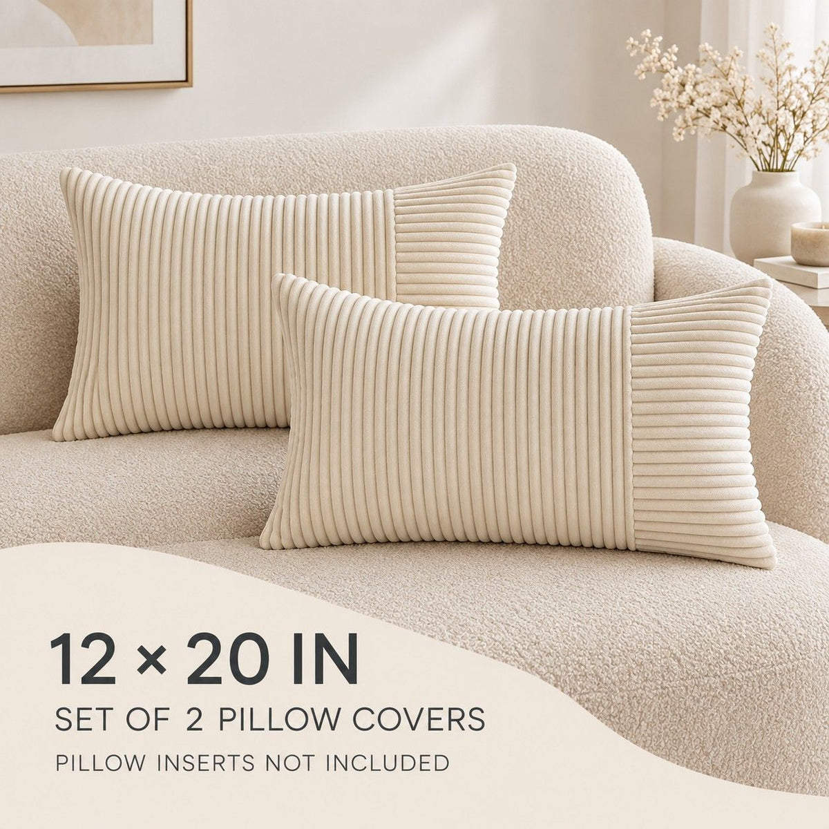 2 Pack Soft Corduroy Throw Pillow Covers 18 x 18 Inch and 12 x 20 Inch