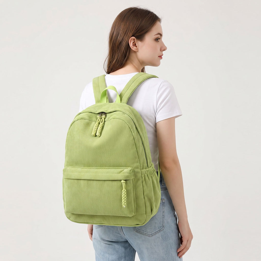 Corduroy Backpack with Front Zip Pocket Adjustable Straps and Spacious Everyday Storage