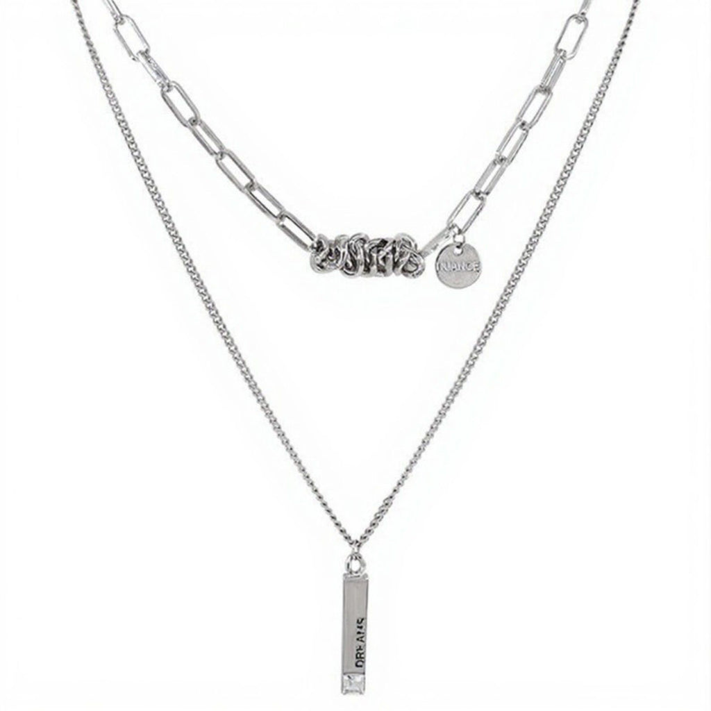 Women's Layered Chain Necklace with Engraved Dreams Pendant and Link Chain Design