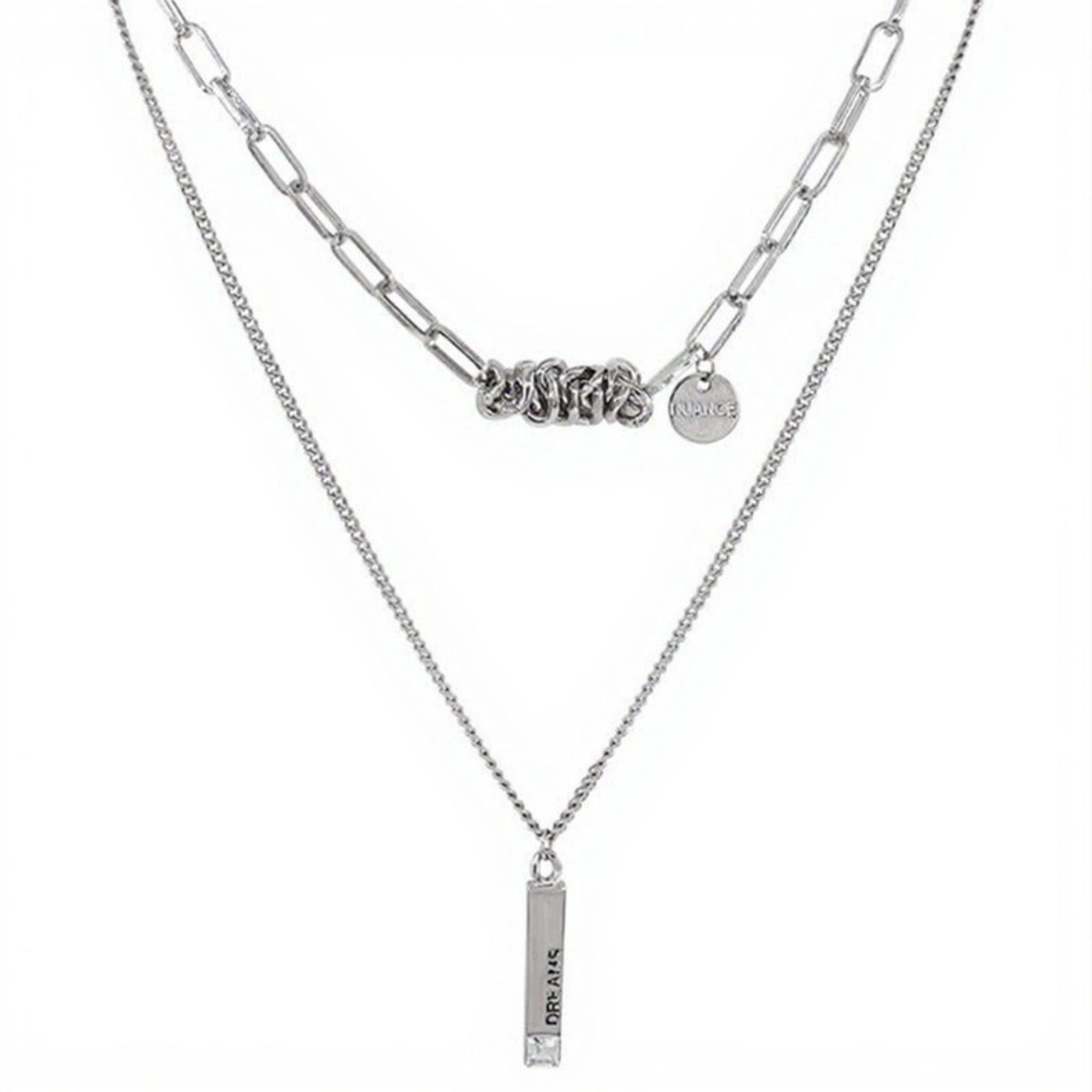 Women's Layered Chain Necklace with Engraved Dreams Pendant and Link Chain Design