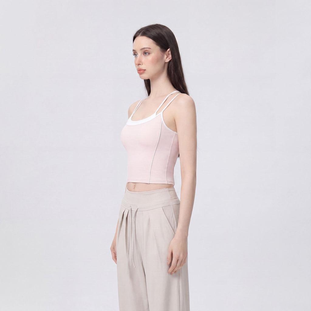 Contrast Trim Double Strap Cropped Cami Tank Top with Fitted Light Support Activewear Design