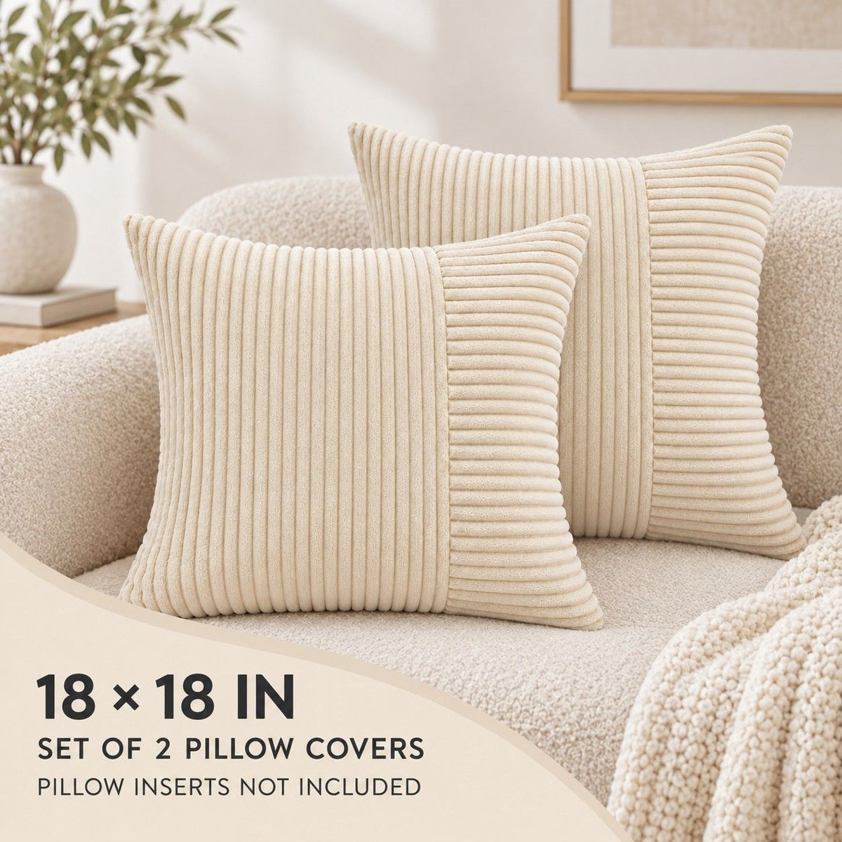 2 Pack Soft Corduroy Throw Pillow Covers 18 x 18 Inch and 12 x 20 Inch