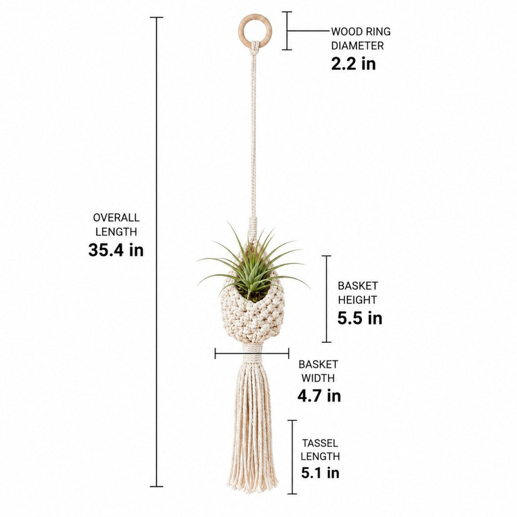 Macrame Hanging Basket with Wood Ring Tassel for Plant and Home Storage