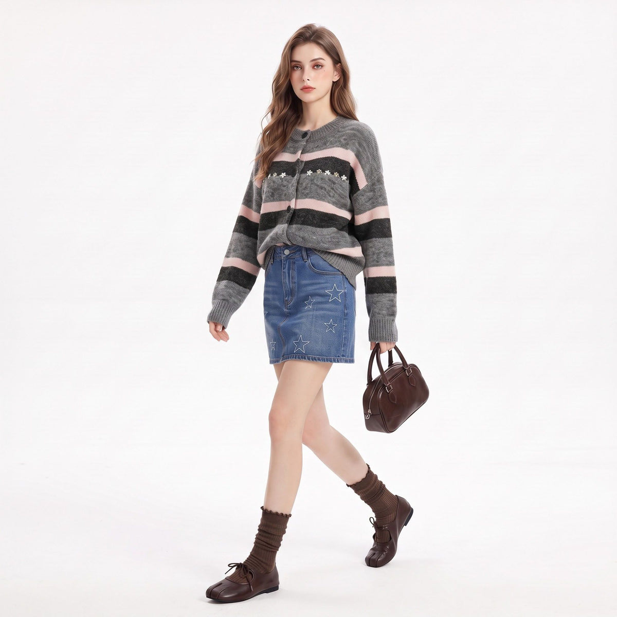 Floral Embroidered Striped Button Front Cardigan