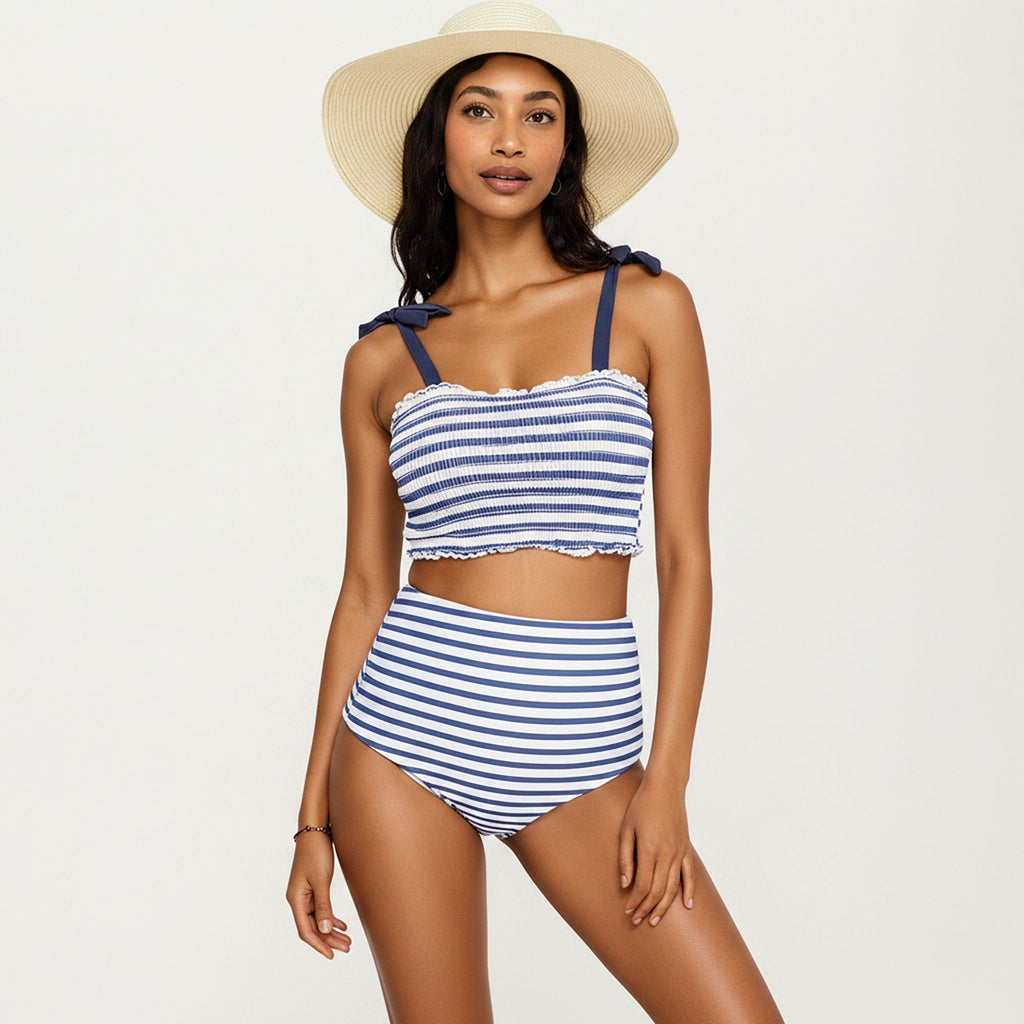 Anna-Kaci Swim Women's Maternity Striped Smocked Bikini Set with Tie-Shoulder Top and High-Waisted Bottom