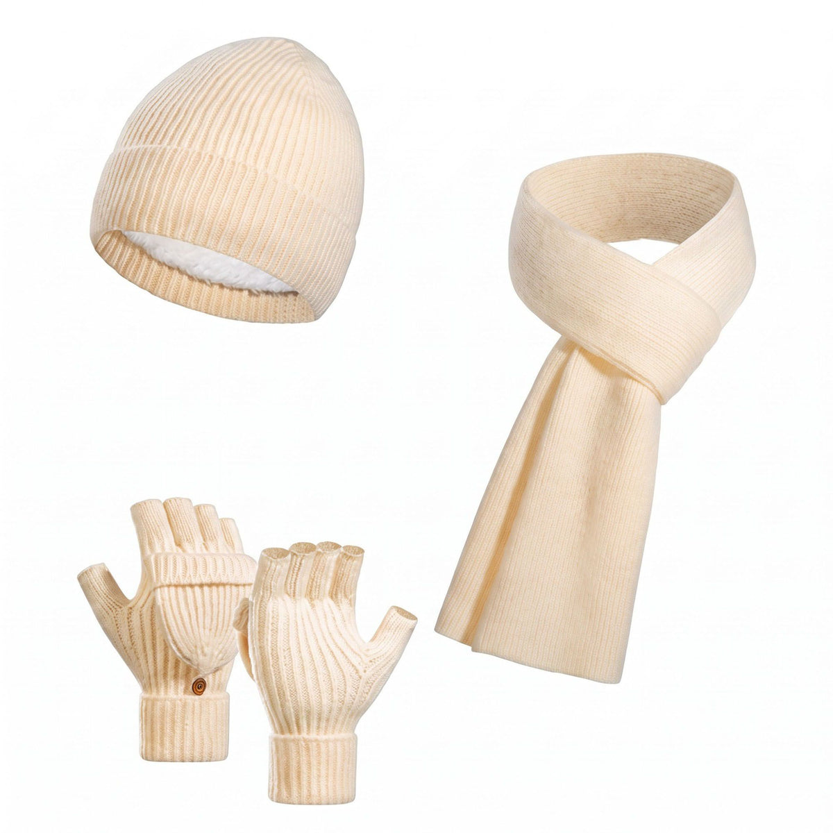 3 Piece Beanie Scarf and Convertible Fingerless Gloves Winter Set