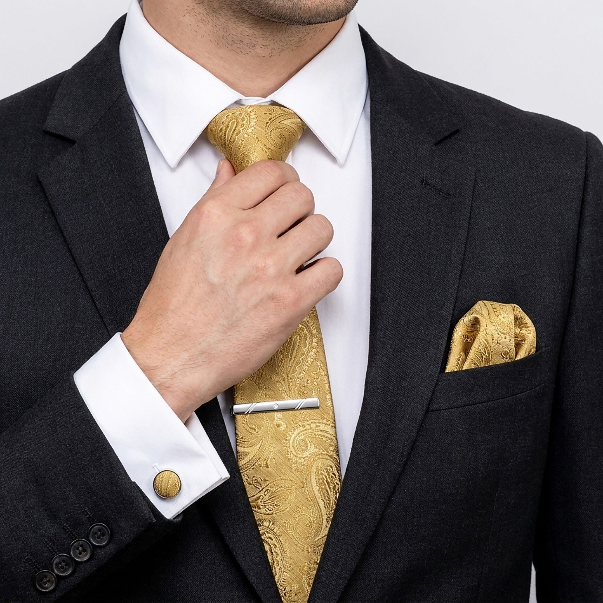 Men's Rose Floral Tie Gift Set with Matching Pocket Square Cufflinks and Silver Tie Clip