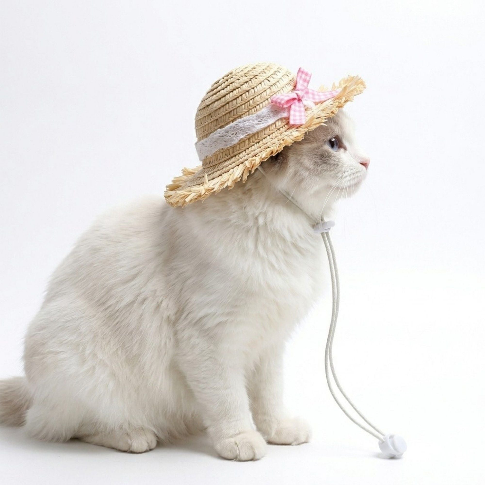 Pet Straw Sun Hat with Lace Trim Bow Adjustable Chin Strap Summer Costume Hat for Cats and Small Dogs