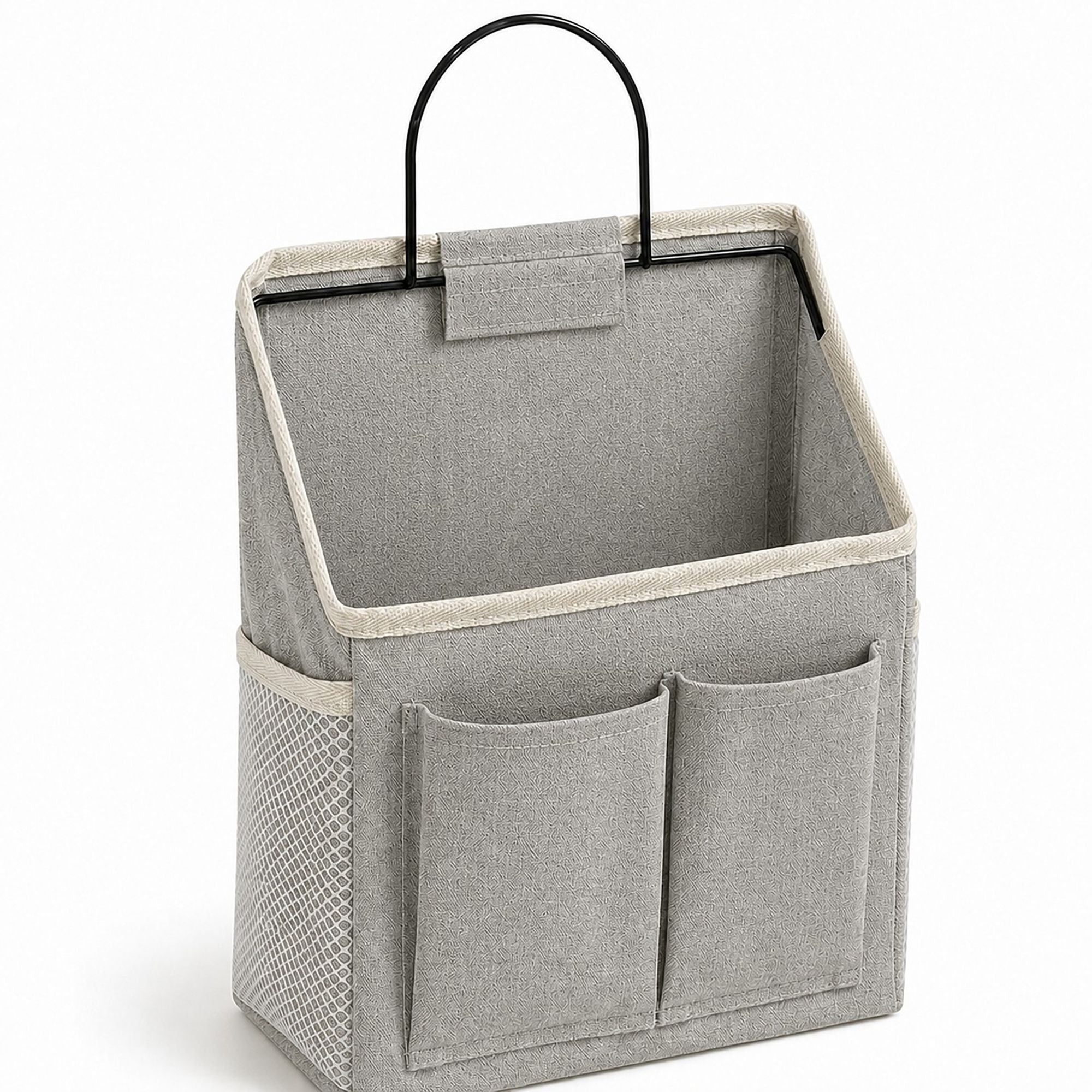 Organizador de riel de cama tipo caddy colgante con marco de metal y múltiples bolsillos