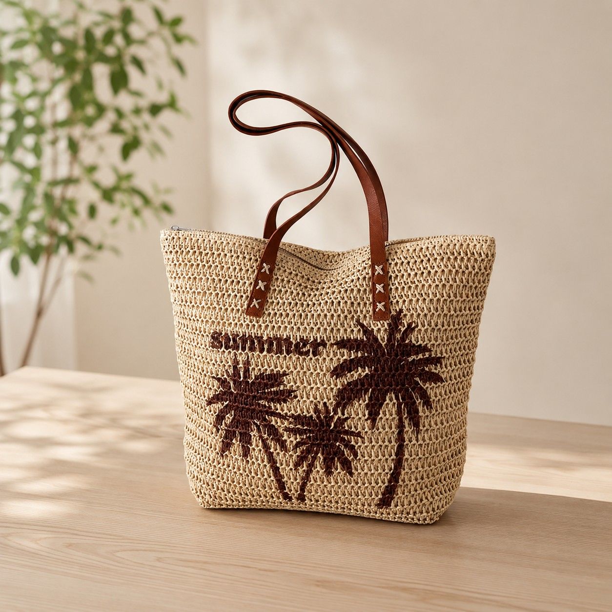Palm Tree Woven Tote Bag Large Capacity Shoulder Handbag with Faux Leather Handles