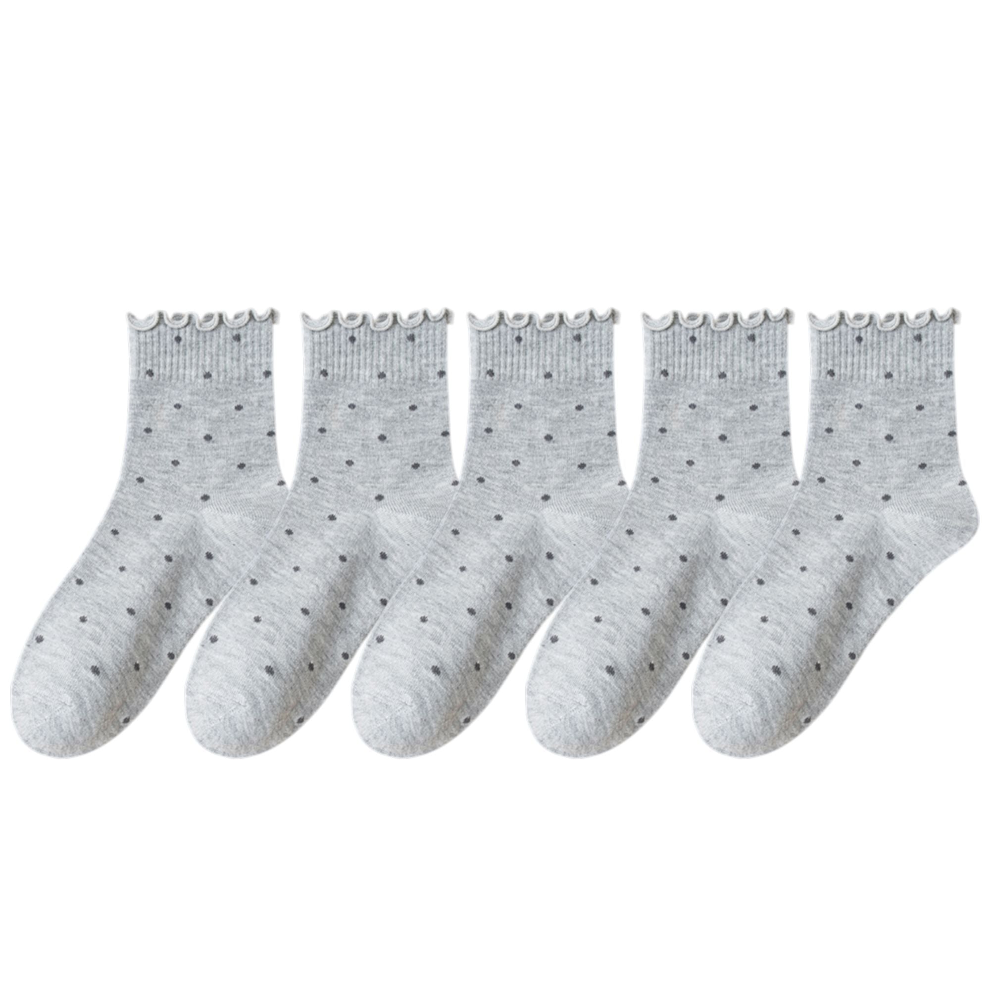 Anna-Kaci Women's Polka Dot Ankle Socks Set Soft Cotton Blend Ruffle Trim Cuff Multiple Color Combos 5 Pairs