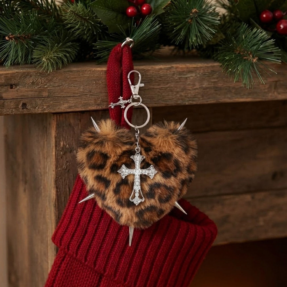 Punk Heart Faux Fur Keychain Rivet Cross Bag Charm Set