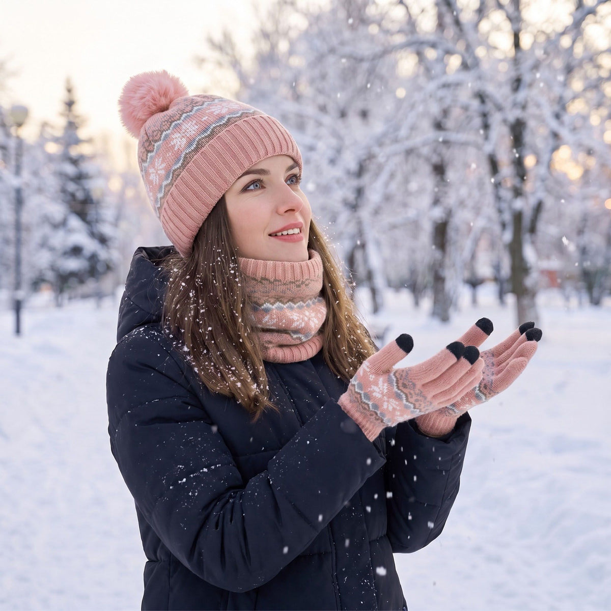 3 Piece Fair Isle Pom Beanie Neck Warmer and Gloves Set