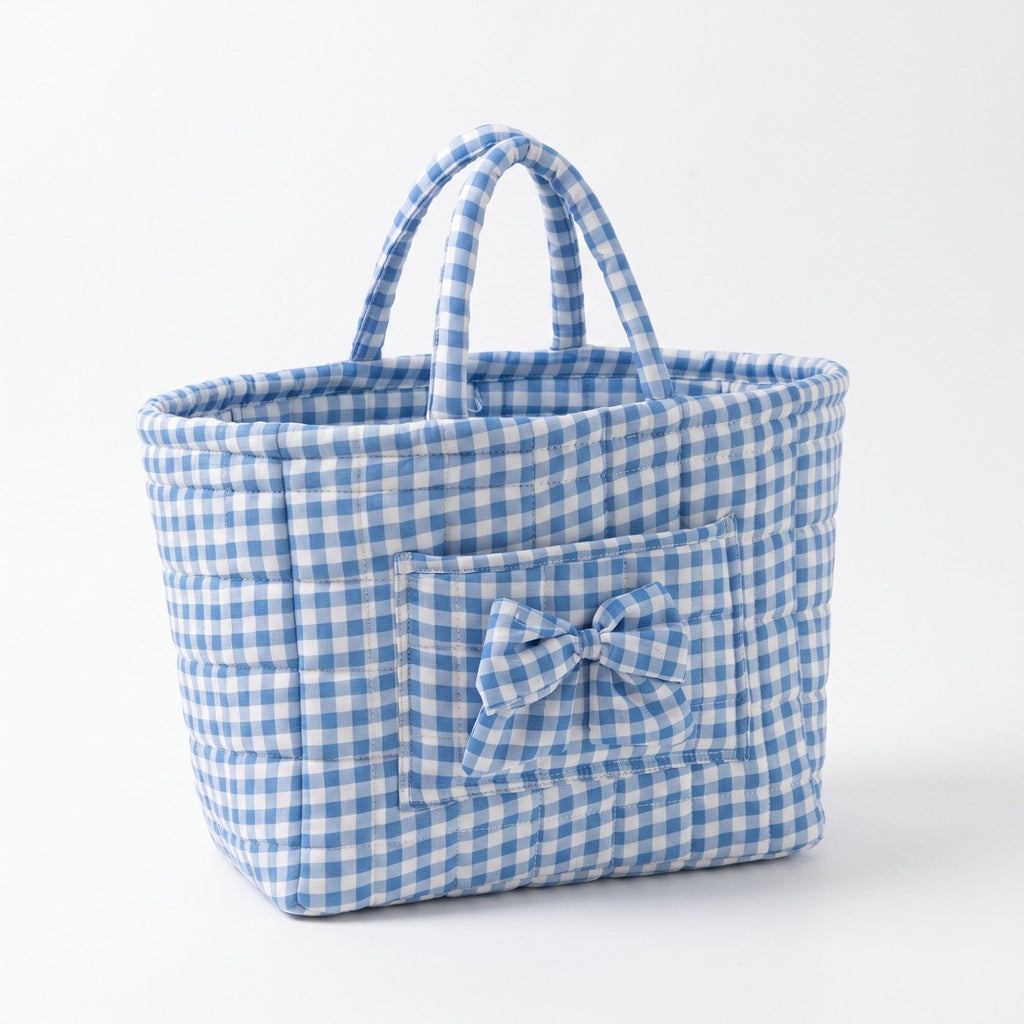 Quilted Gingham Storage Basket with Handles and Bow