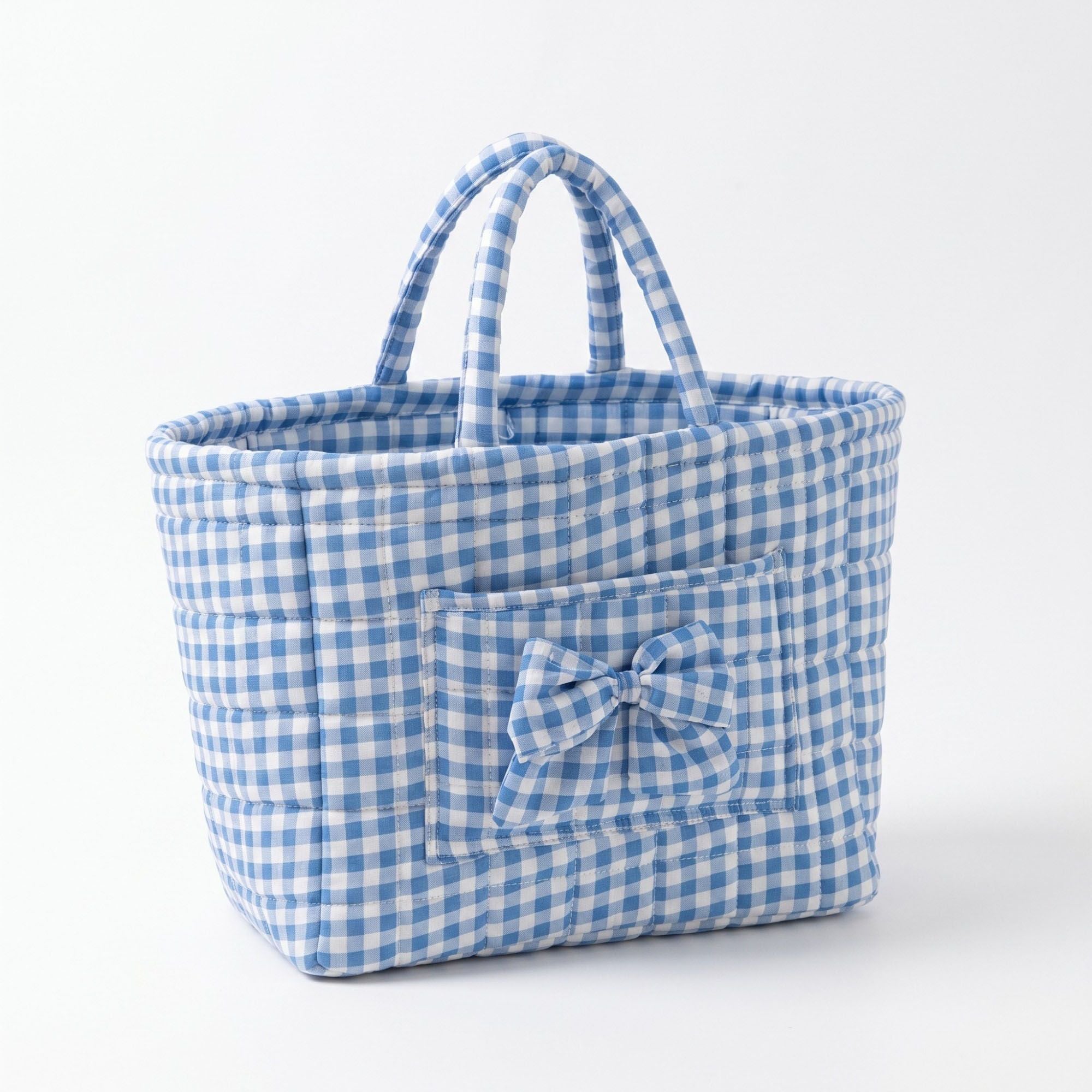 Quilted Gingham Storage Basket with Handles and Bow