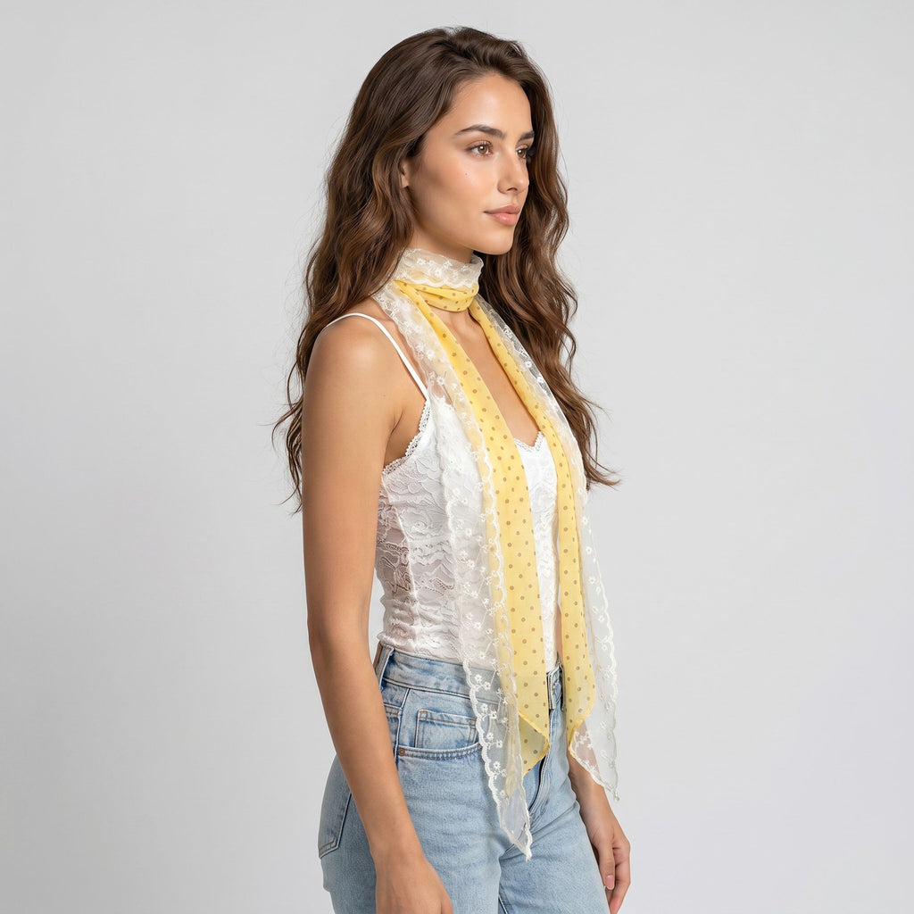 Sheer Skinny Scarf with Lace Trim Faux Pearl Accent and Long Neck Tie Design