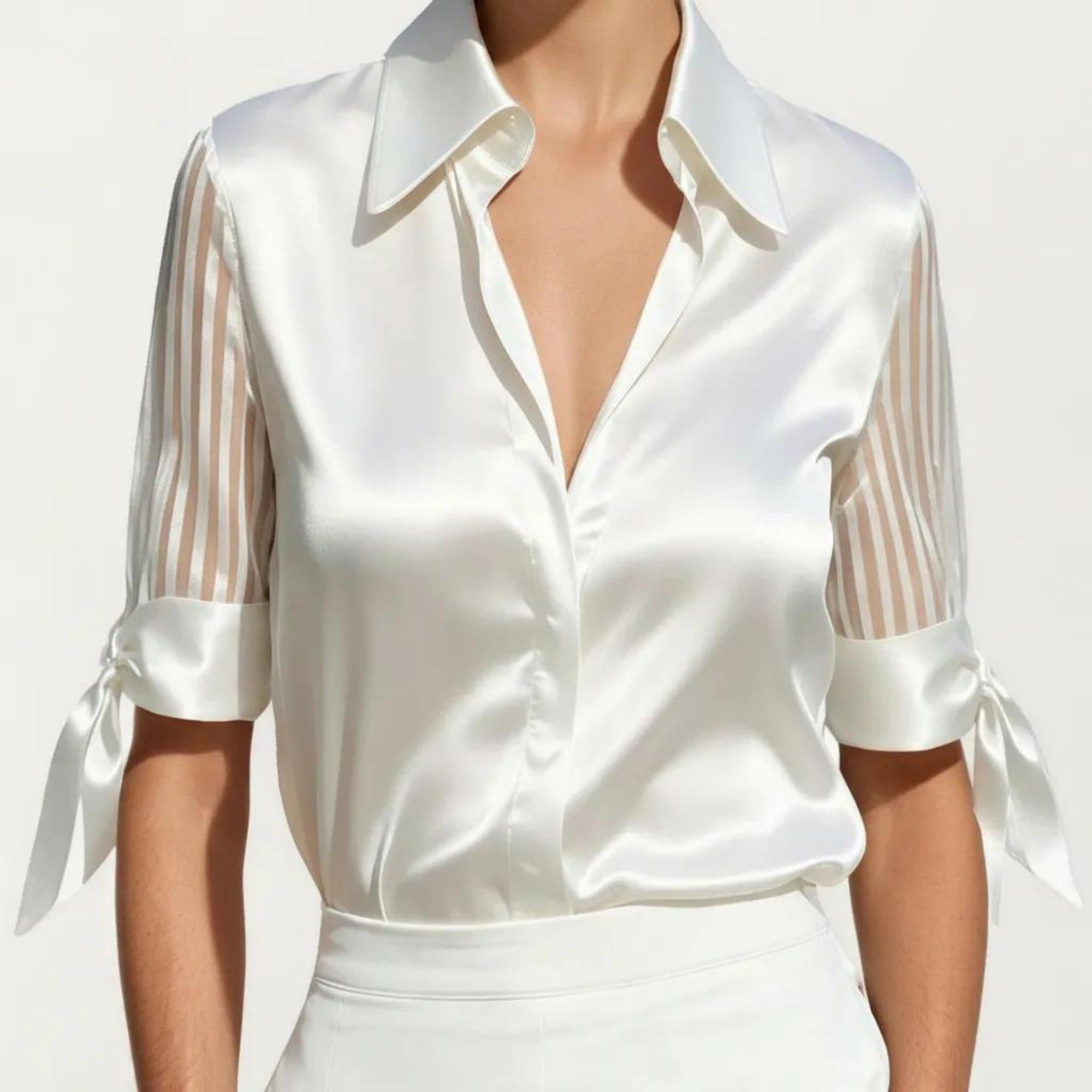 Anna-Kaci Women's Satin Collared Blouse with Sheer Stripe Sleeves and Bow Tie Cuffs