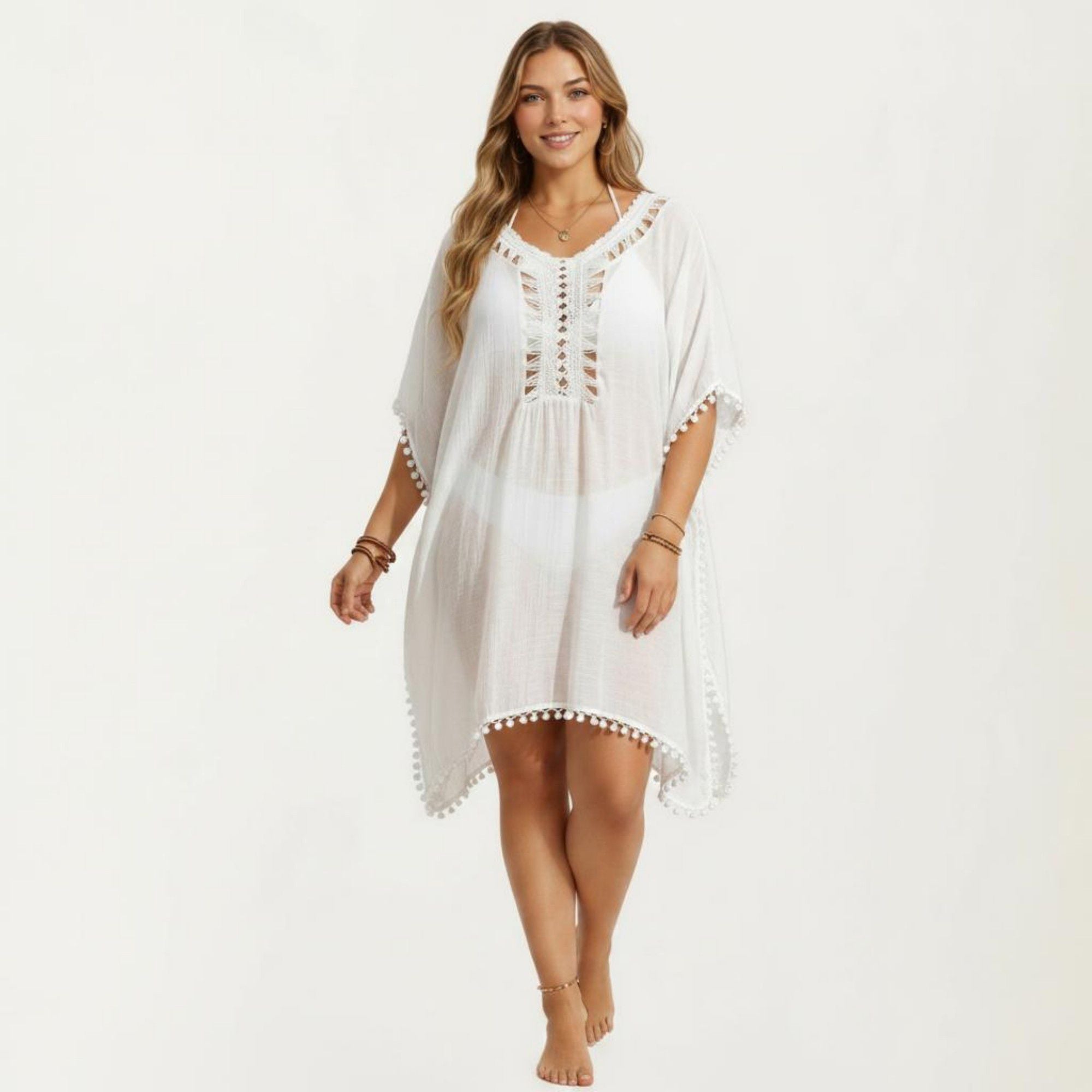 Anna-Kaci Women's Swim Cover Up Dress with Crochet Cutout Neckline Pom Trim Hem Loose Short Sleeves Relaxed Fit