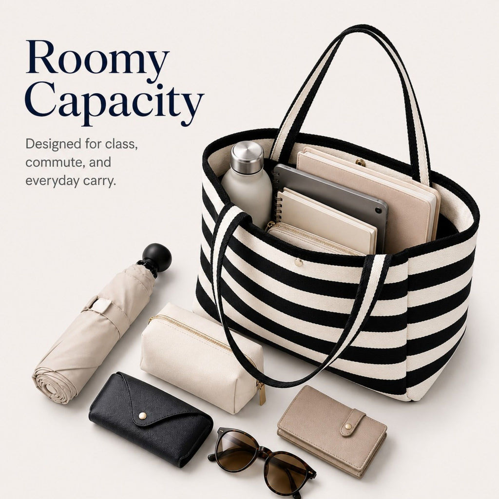 Striped Tote Bag with Large Capacity Soft Shoulder Carry Design