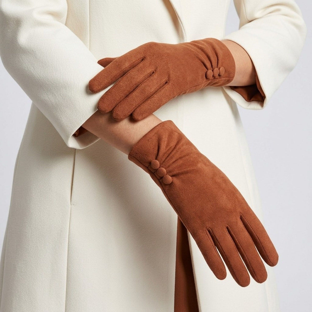 Faux Suede Winter Gloves with Pleated Wrist and Button Detail 9.4 x 3.3in