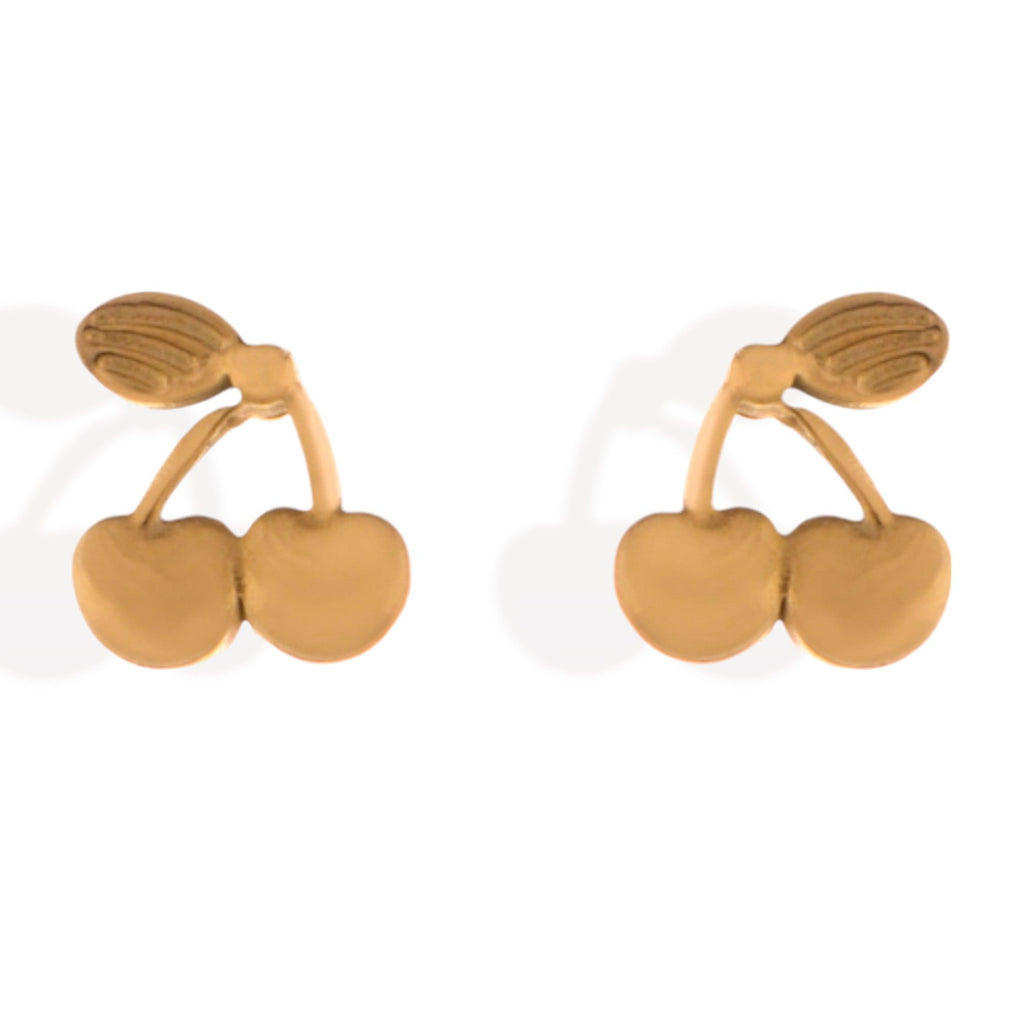 Women's Gold Tone Cherry Shaped Stud Fashion Earrings with Leaf Detail