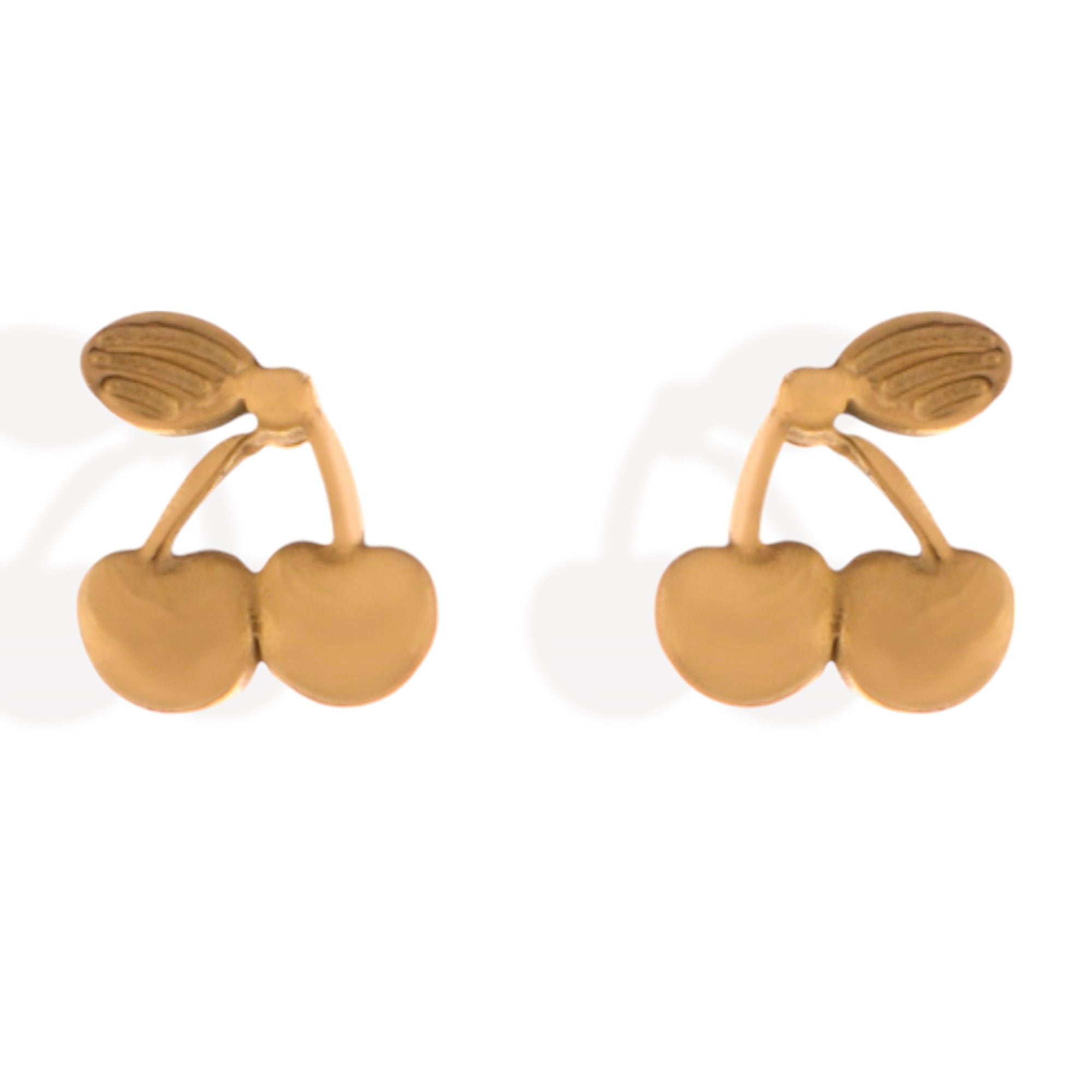 Women's Gold Tone Cherry Shaped Stud Fashion Earrings with Leaf Detail