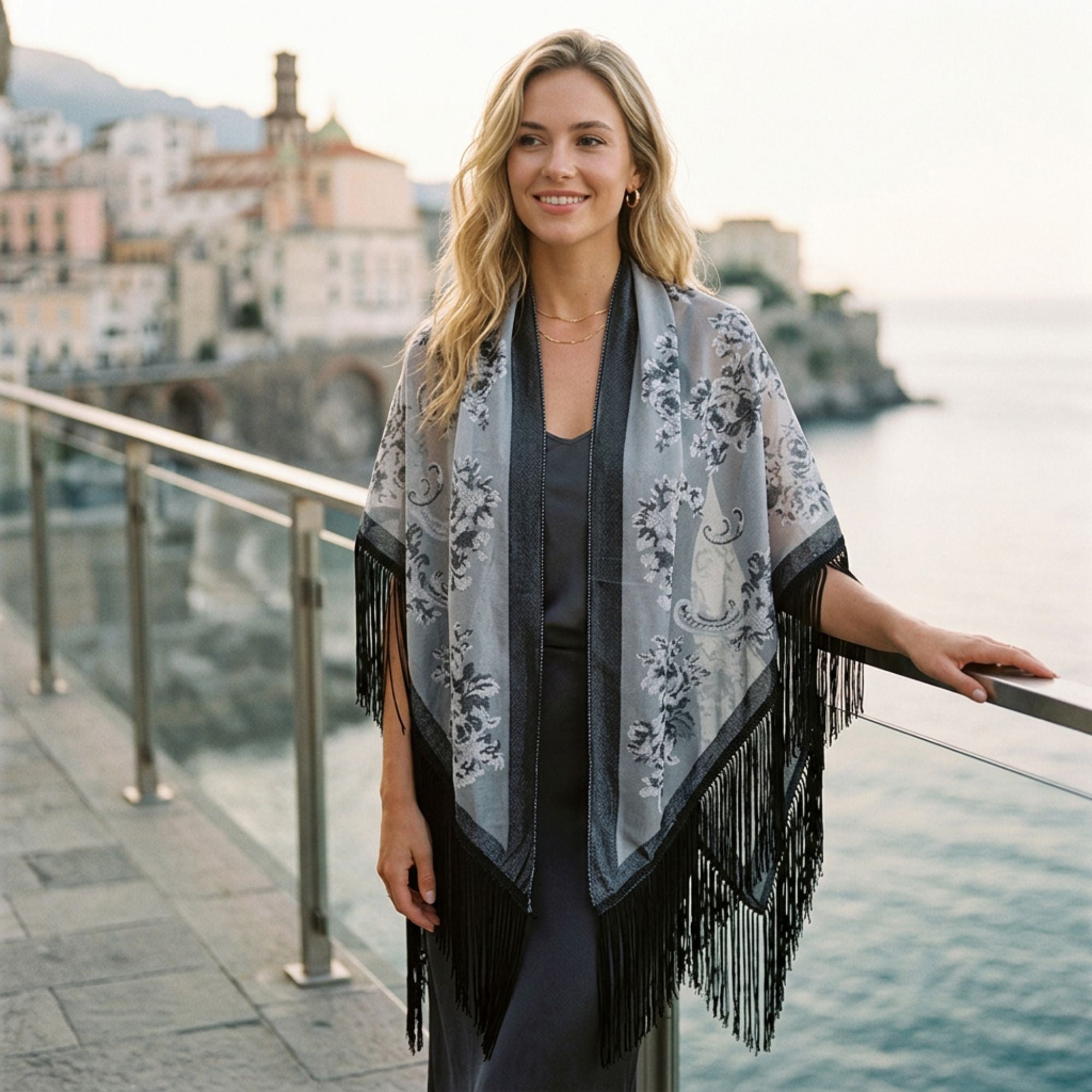 Triangle Shawl Scarf with Floral Jacquard and Fringe Trim
