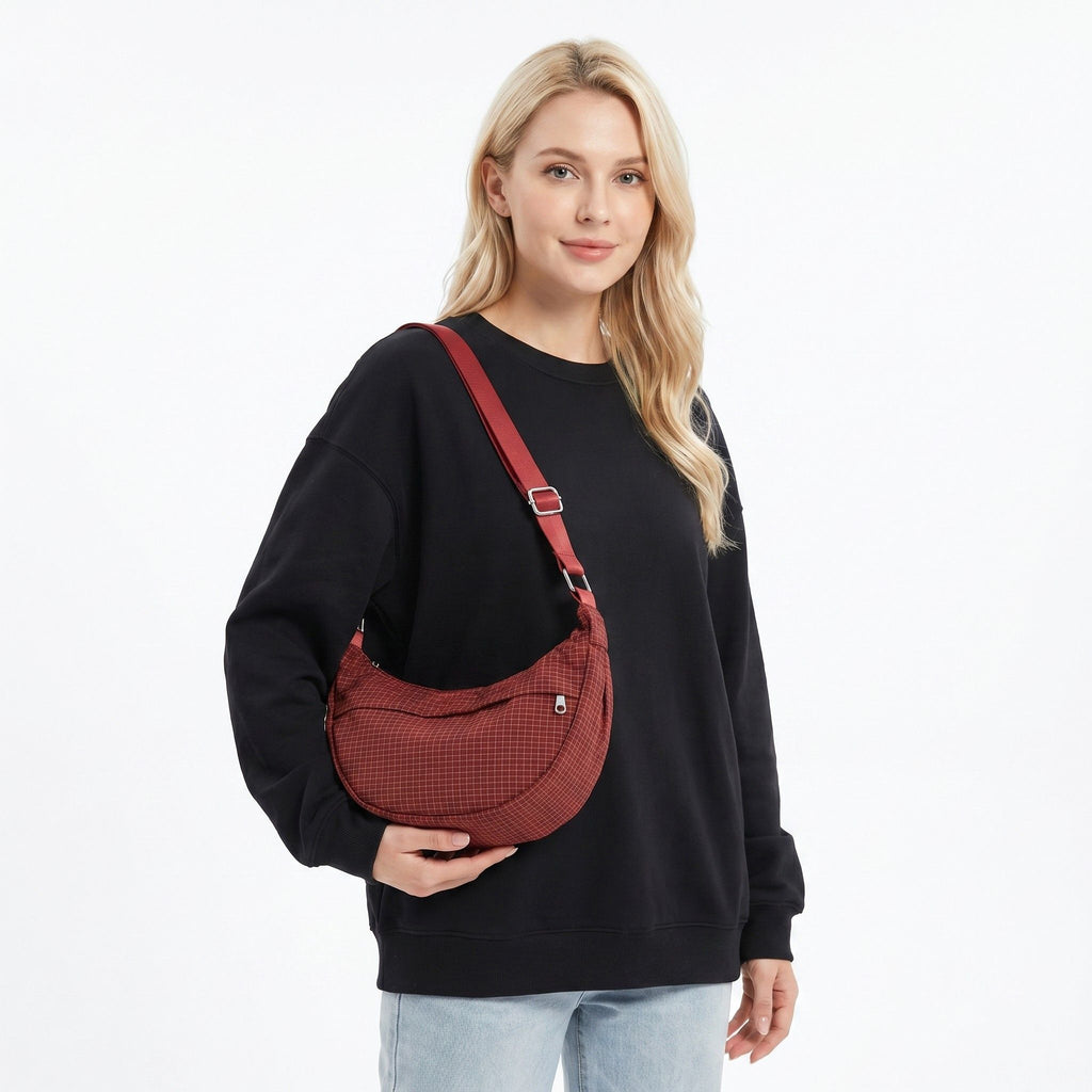 Plaid Nylon Crescent Shoulder Bags with Adjustable Strap Lightweight Casual Crossbody Bag