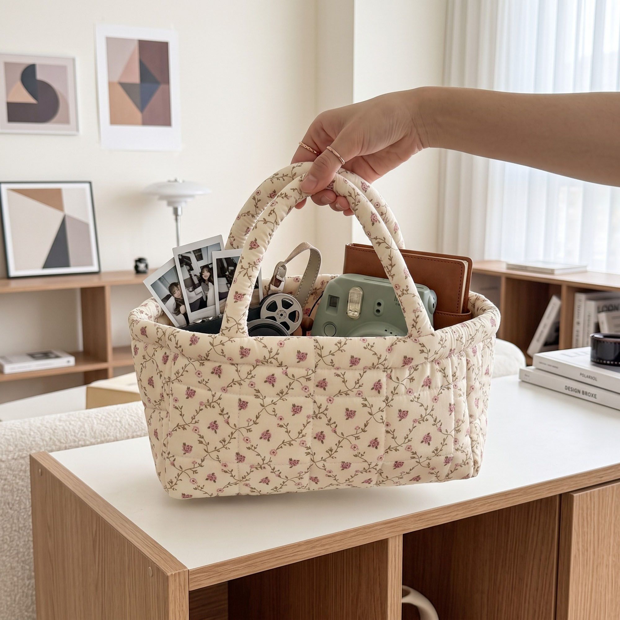 Quilted Floral Storage Basket with Handles for Home Organization