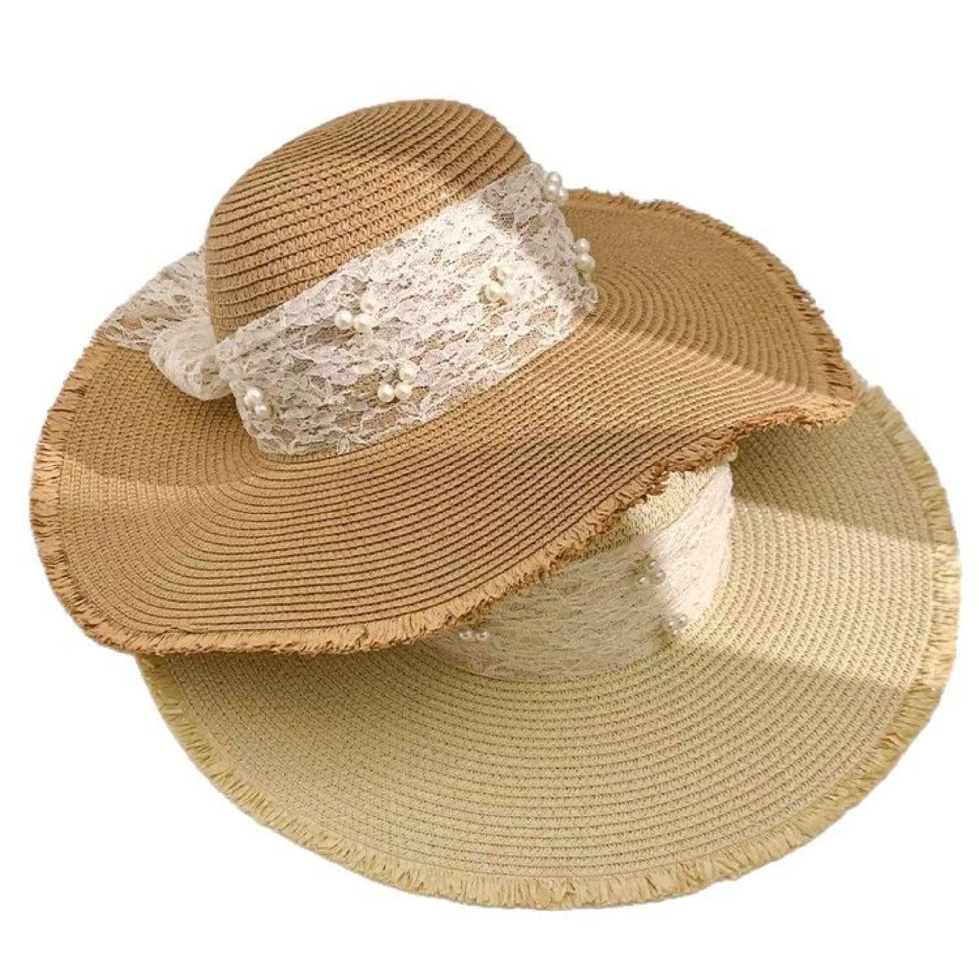 Wide Brim Sun Hat with Lace Band and Frayed Edge