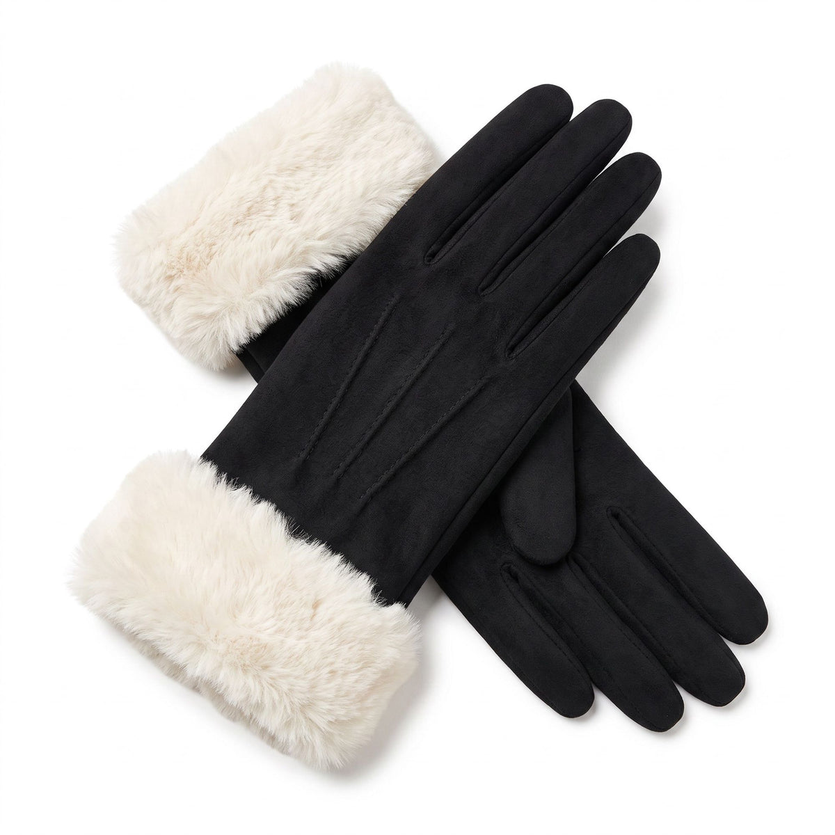 Faux Fur Cuff Full Finger Gloves with Soft Suede Like Finish