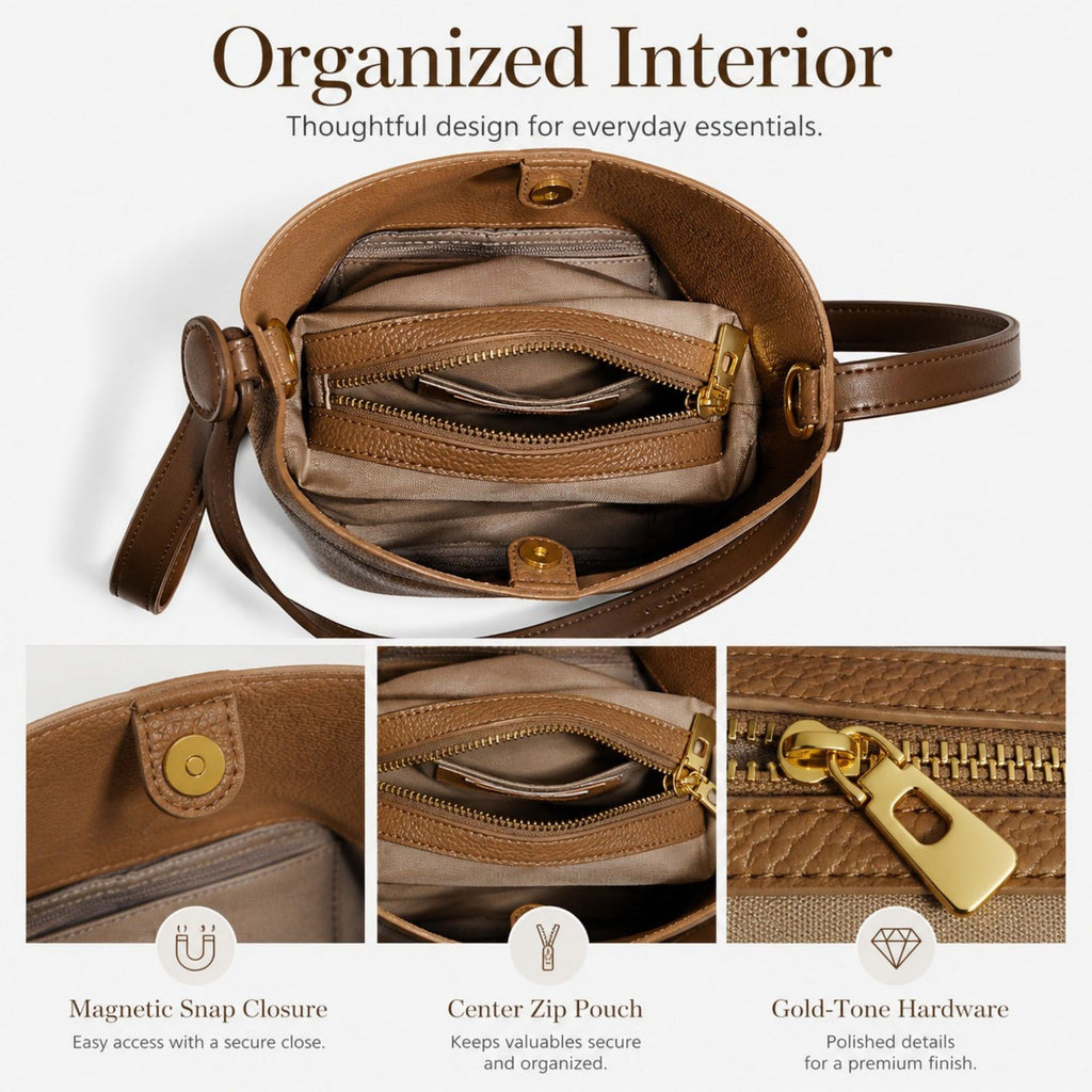 Bucket Crossbody Bag with Top Handle Adjustable Strap and Pebbled Texture