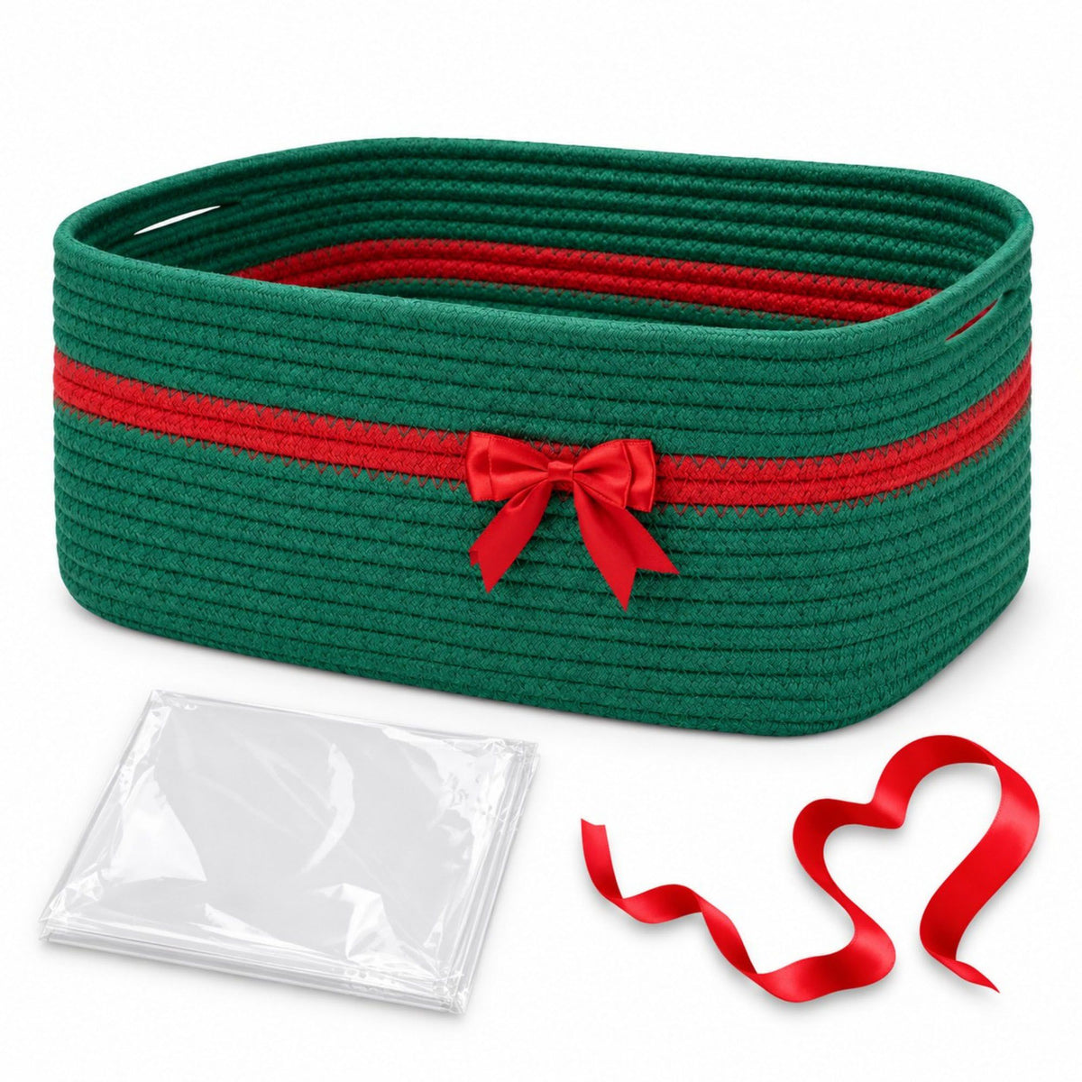 Woven Cotton Cord Rectangular Holiday Storage Basket with Bow