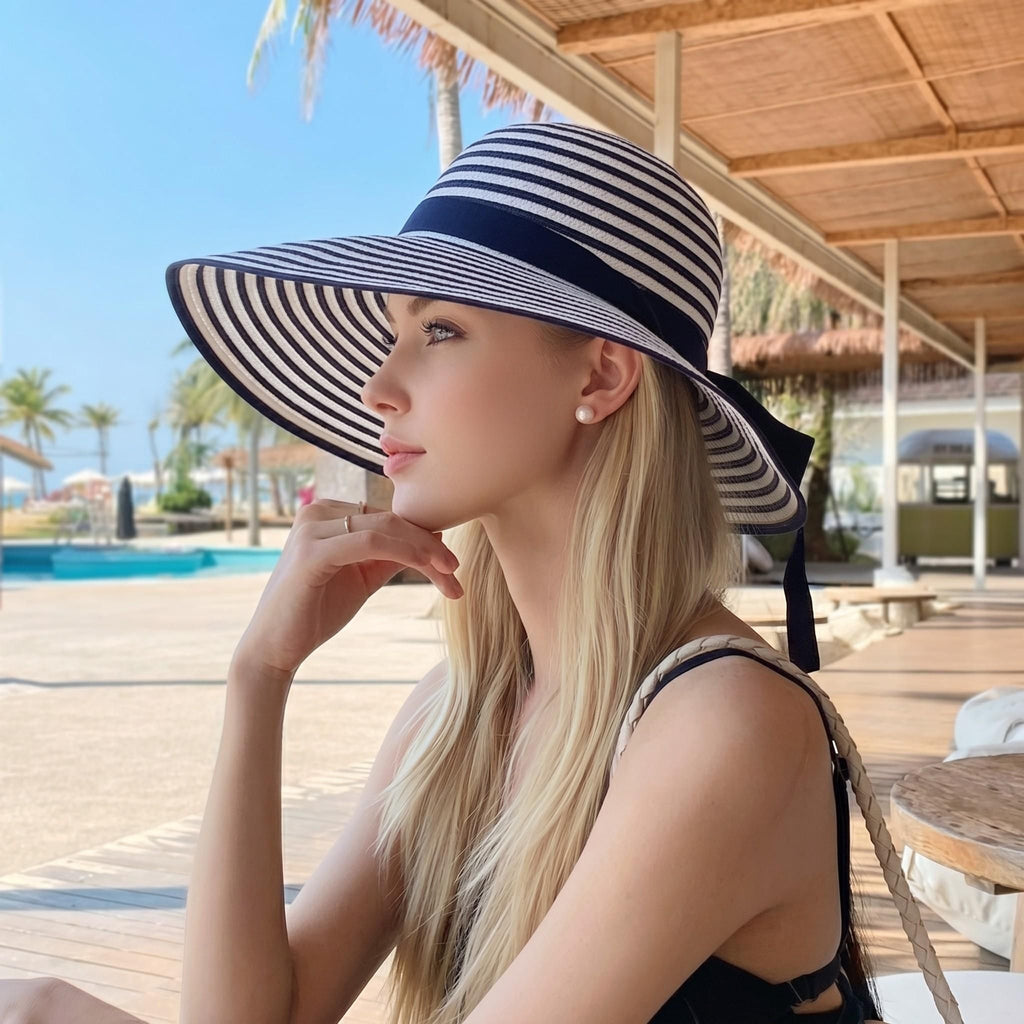 Striped Sun Hat Wide Brim Summer Beach Hat Bow Tie Lightweight Packable